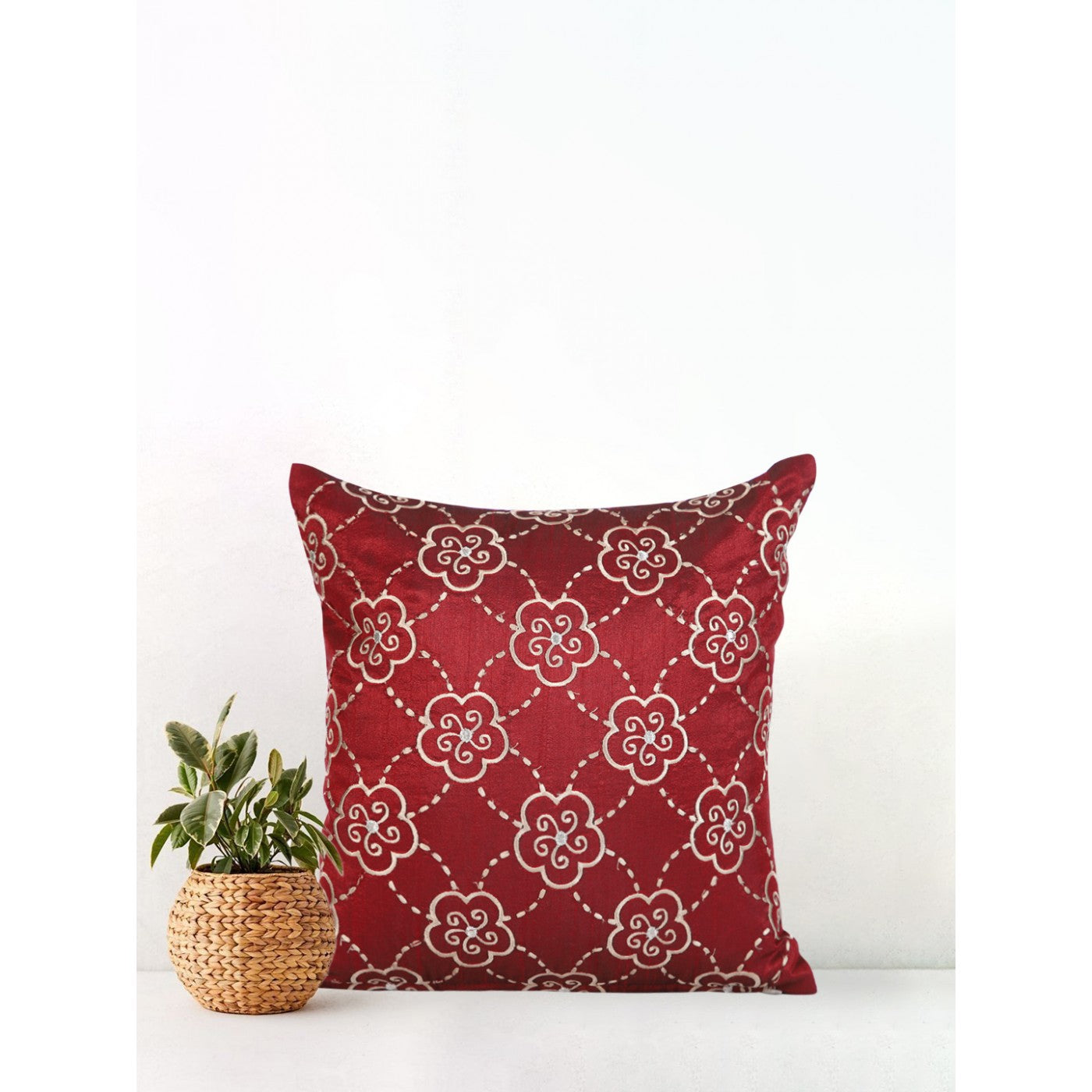 Maroon Dupion Embroidered Elegance Cushion Cover 12x12 Inches