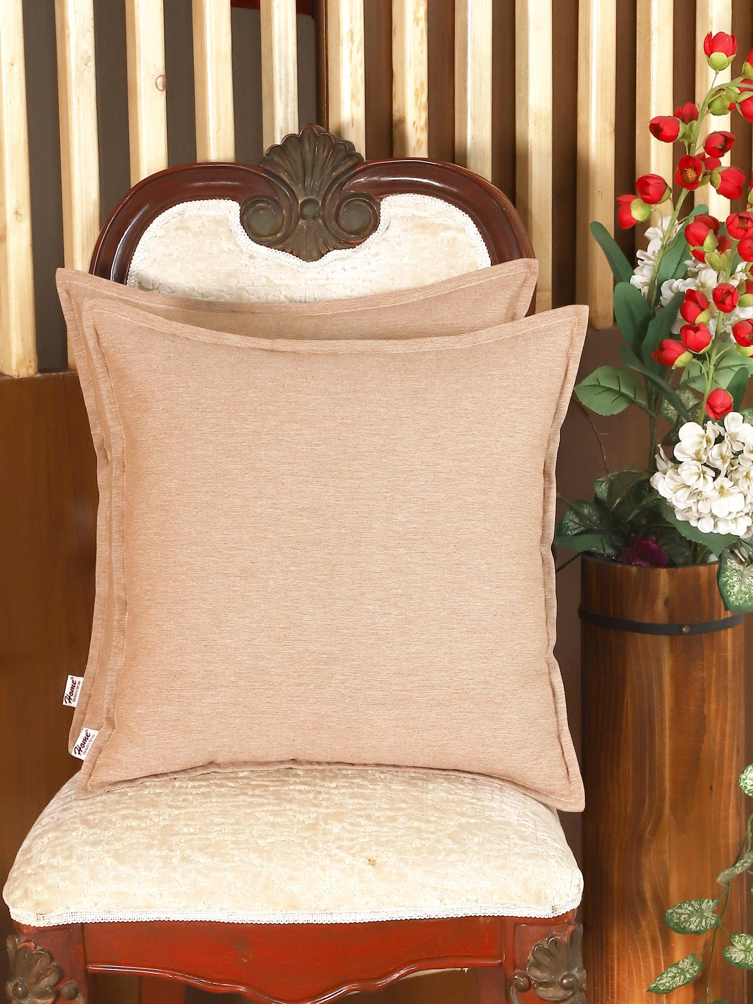Plane Flenge Cotton Cushion Covers Brown Set of 2