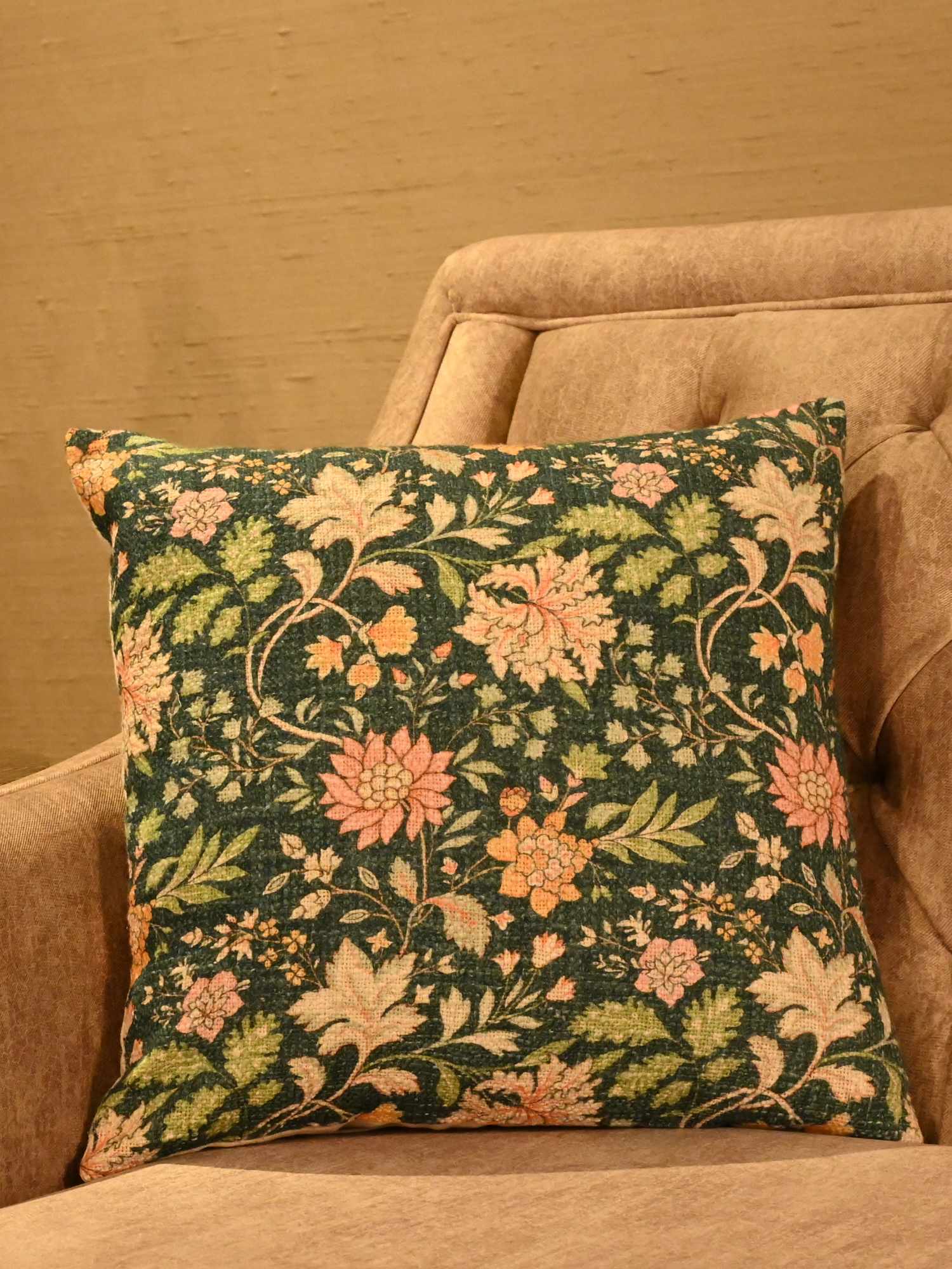 Teal Meadow Cotton Slub Floral Cushion Cover – 16x16 Inch