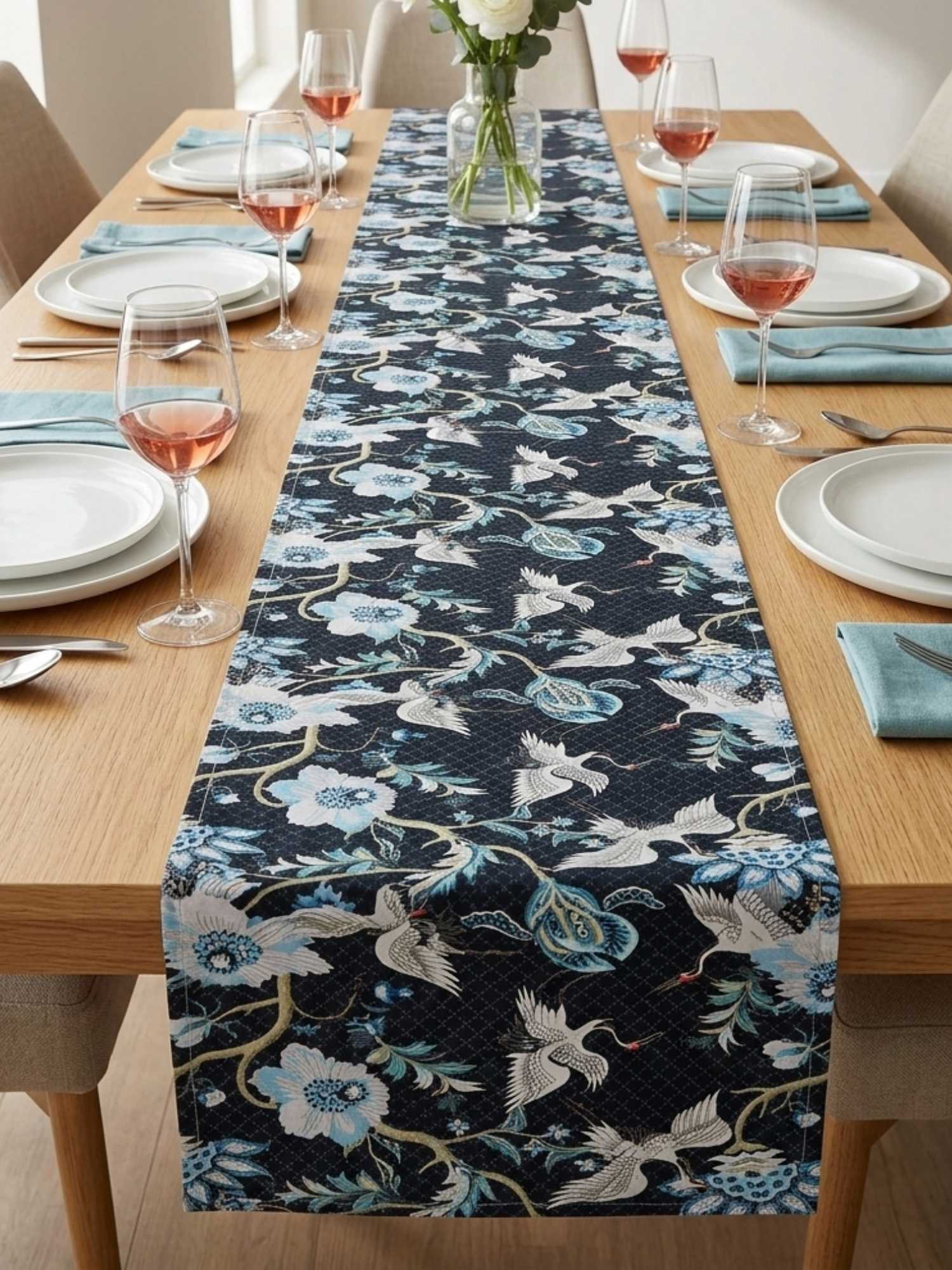 Midnight Crane Garden Velvet Table Runner
