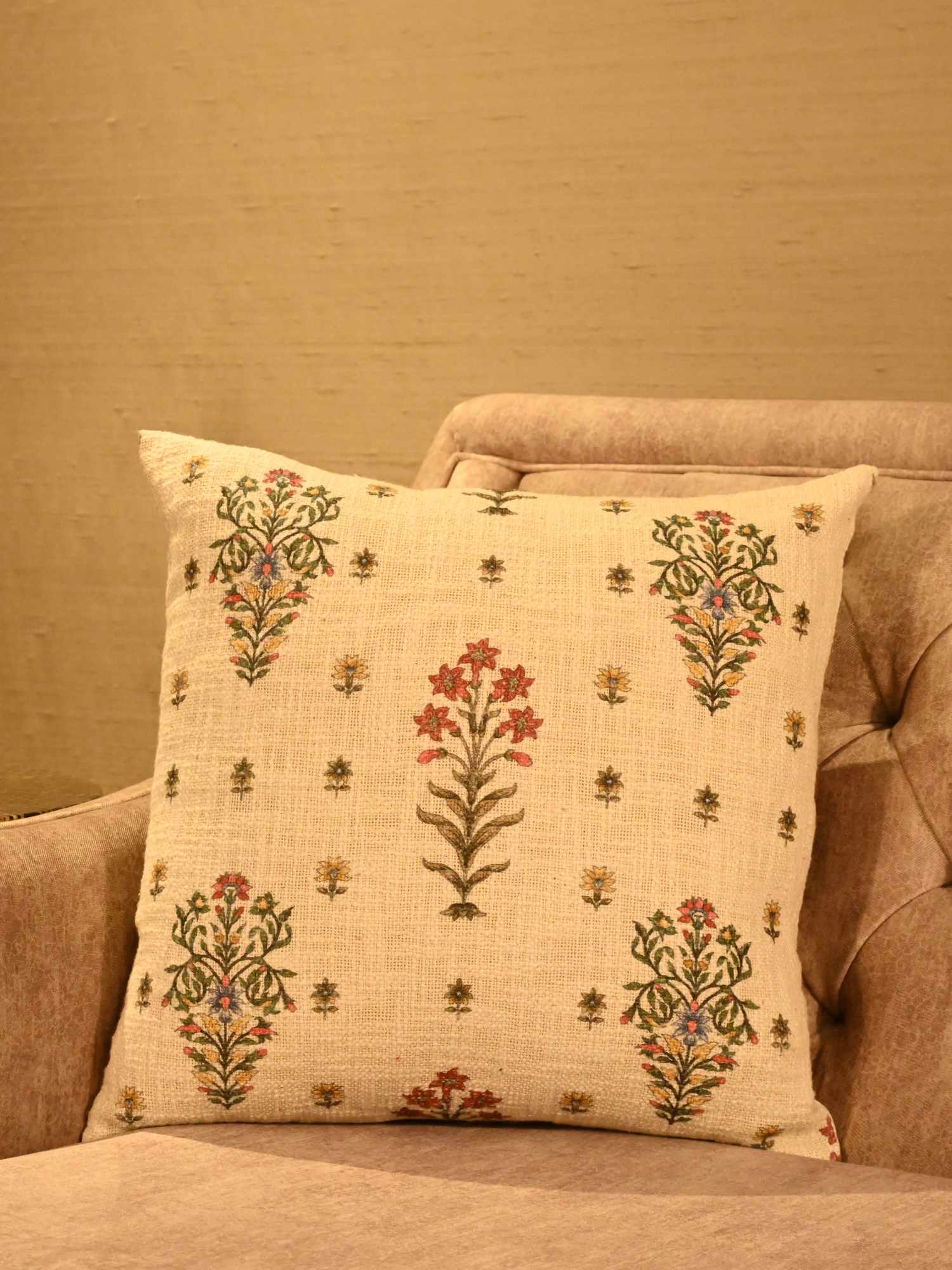 Floral Cotton Slub Cushion Cover - 16x16 Inch