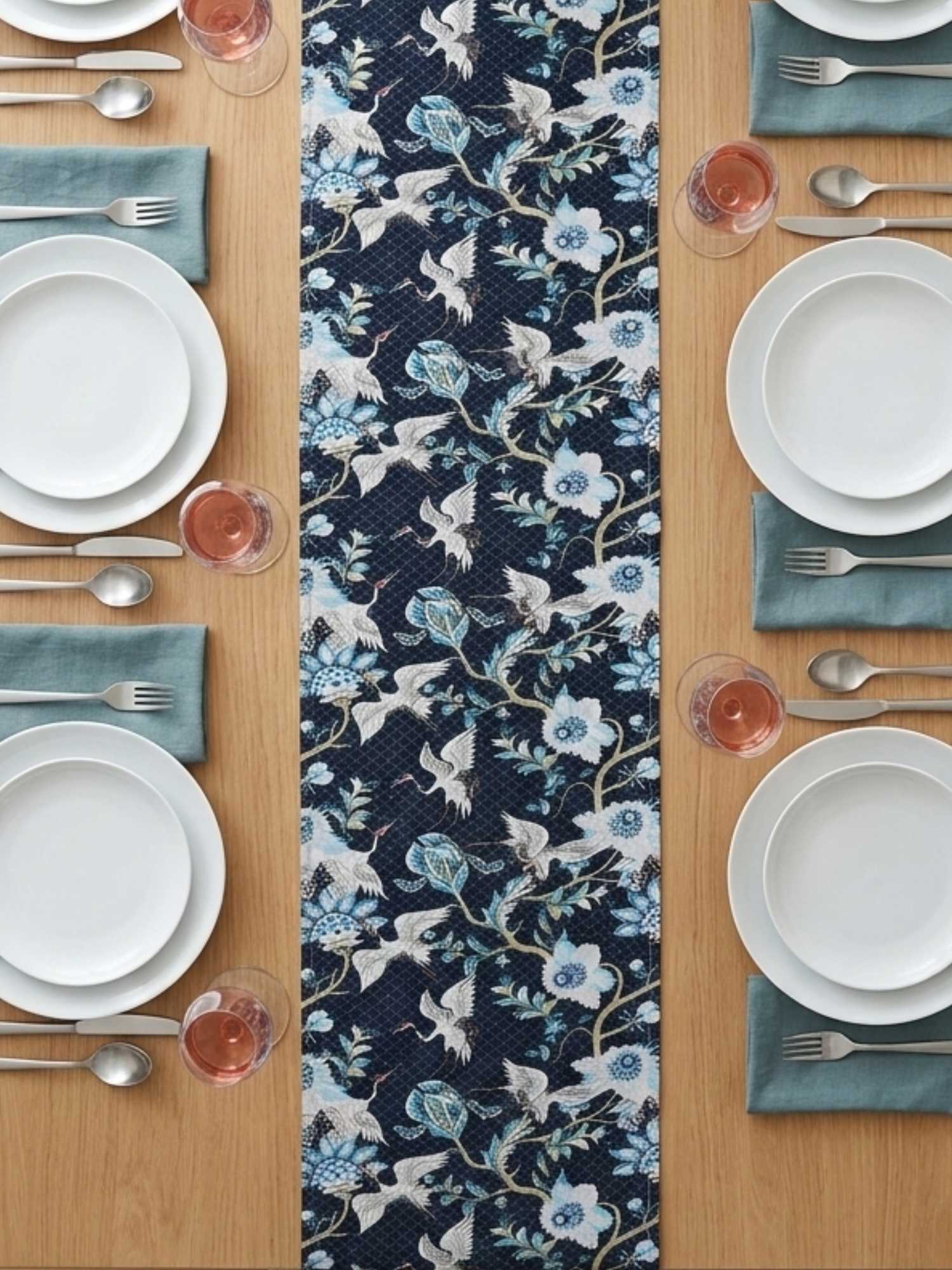 Midnight Crane Garden Velvet Table Runner