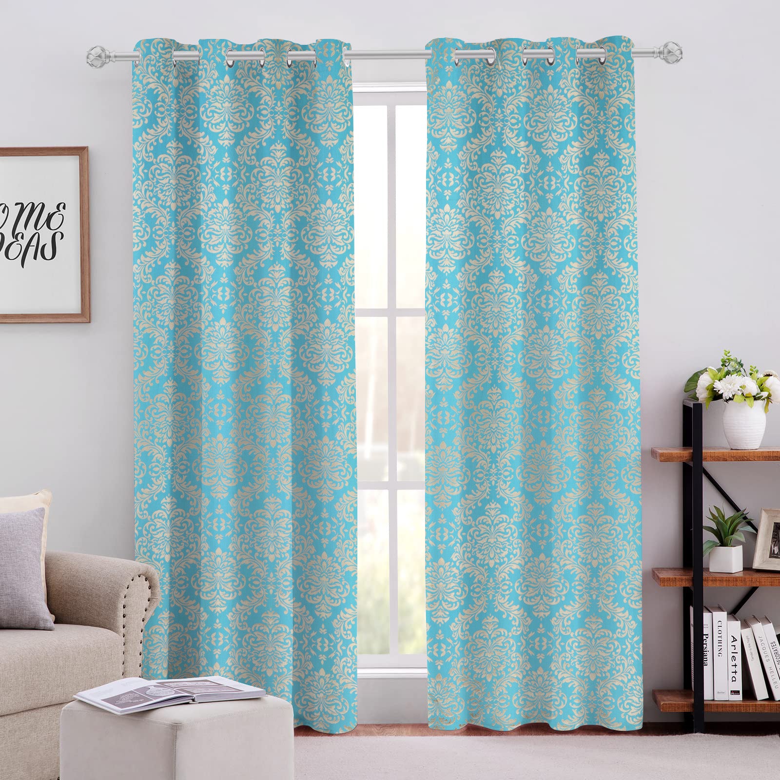 Cotton Heavy Fabric Self Design Turquoise Curtain with Grommets