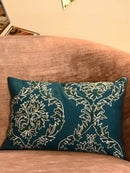 Teal Embroidered Damask Cotton Cushion Cover – 12x18 Inch