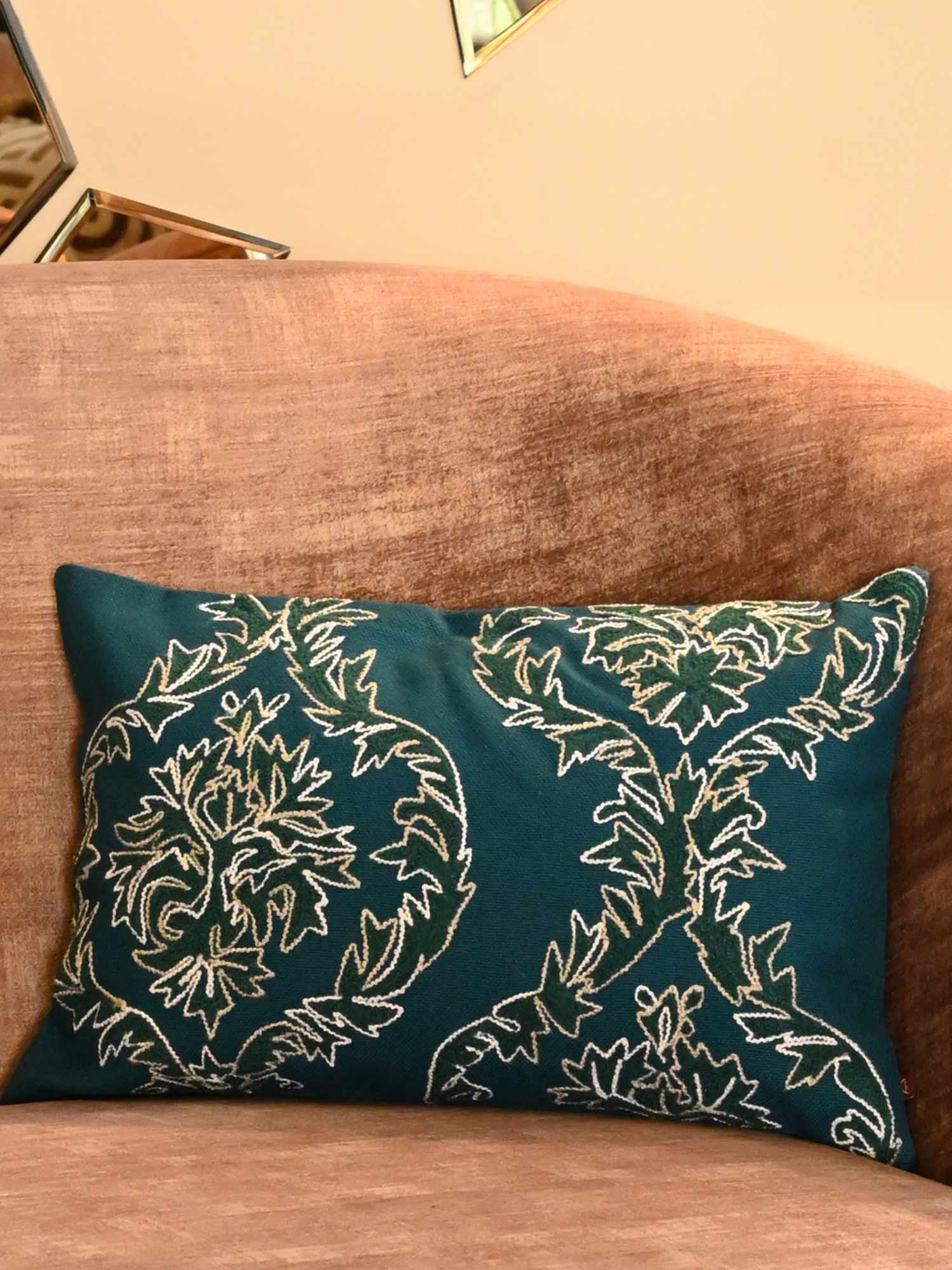 Teal Embroidered Damask Cotton Cushion Cover – 12x18 Inch