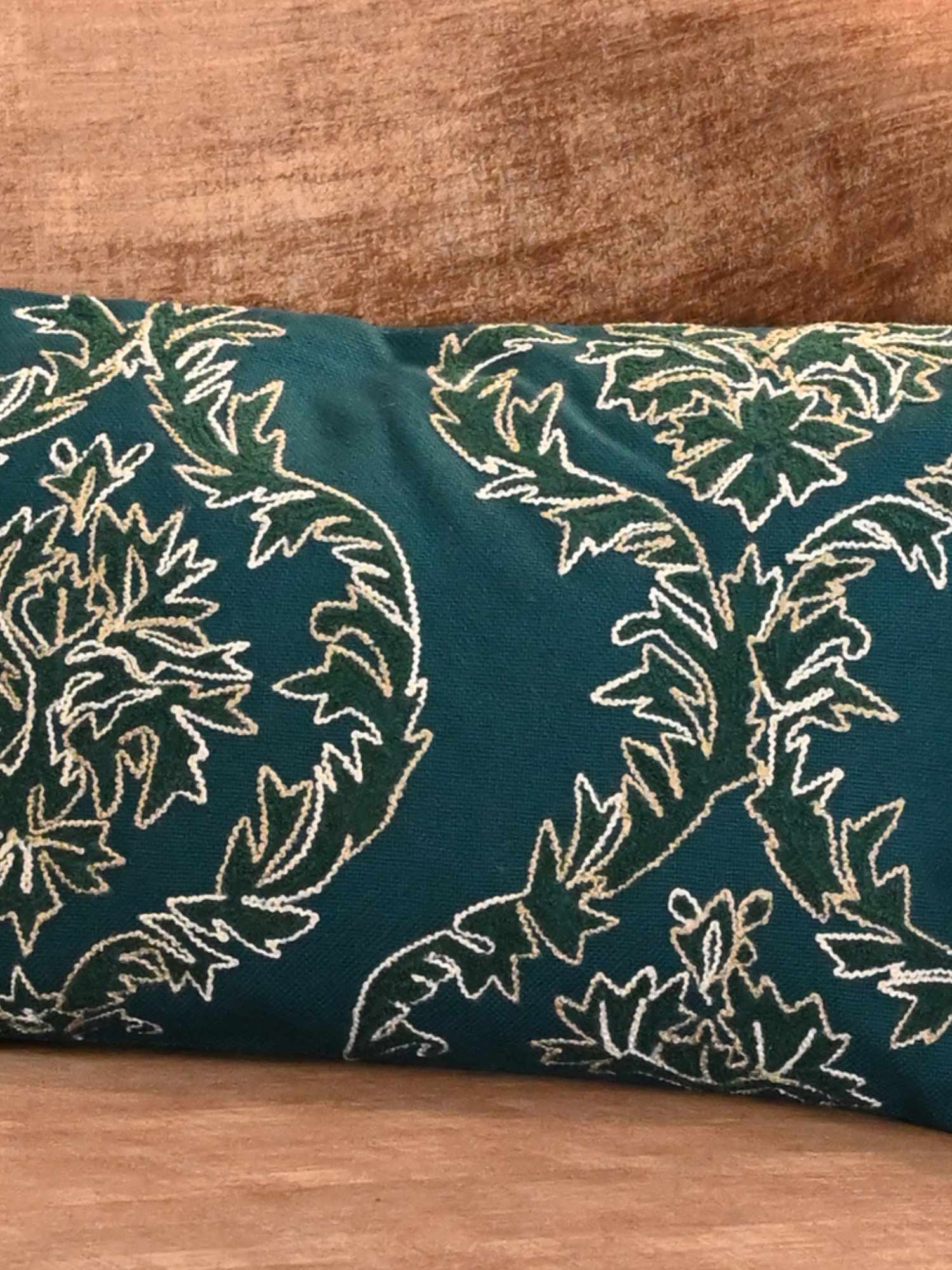Teal Embroidered Damask Cotton Cushion Cover – 12x18 Inch