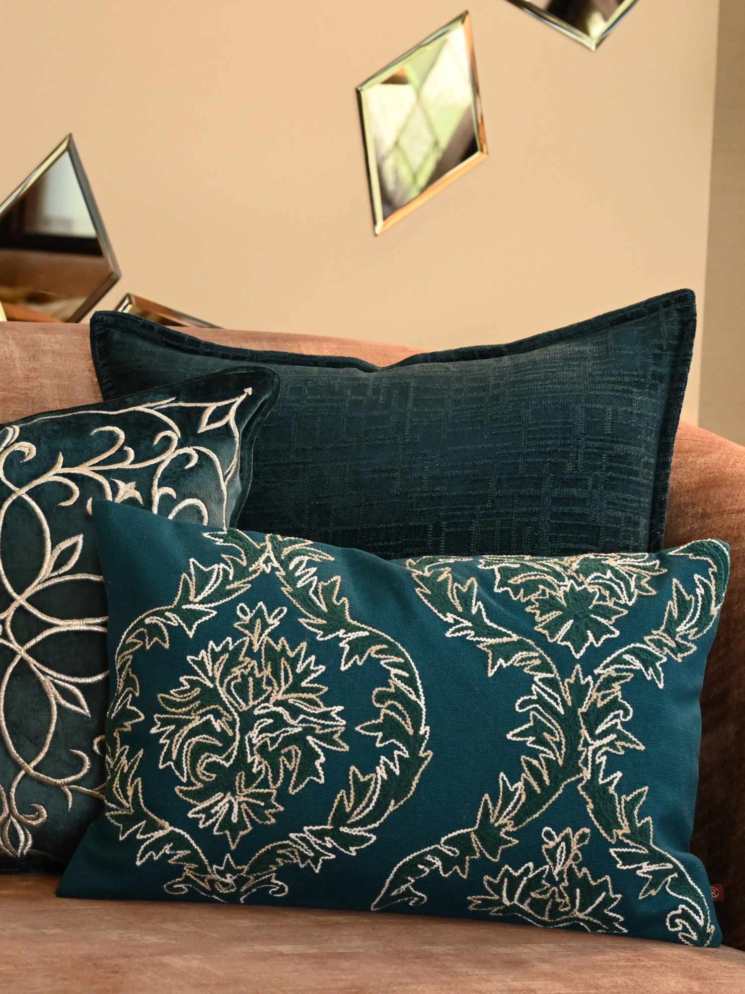 Teal Embroidered Damask Cotton Cushion Cover – 12x18 Inch
