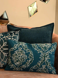 Teal Embroidered Damask Cotton Cushion Cover – 12x18 Inch