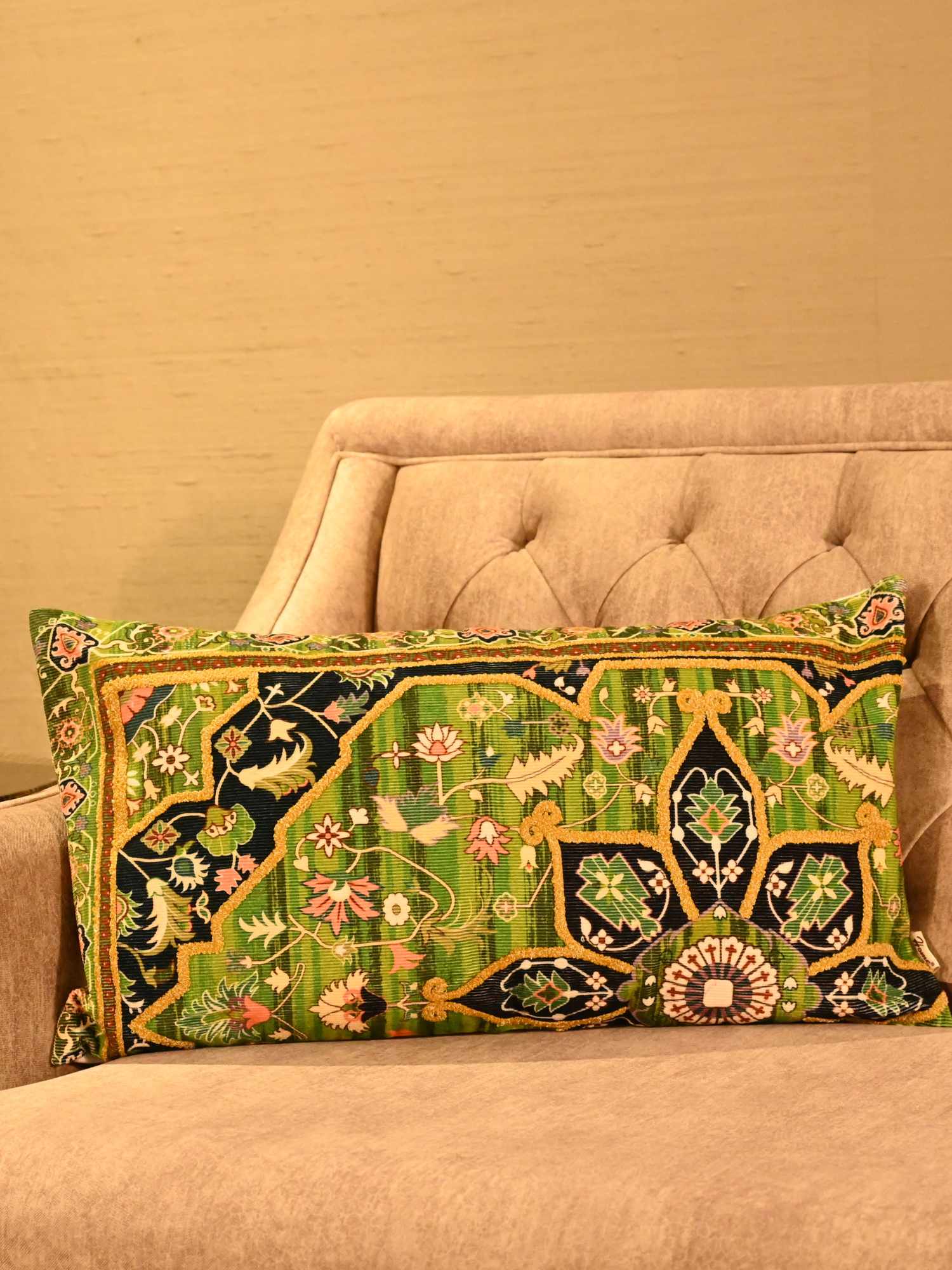 Regal Garden Corduroy Velvet Embroidered Cushion Cover – 14x24 Inch