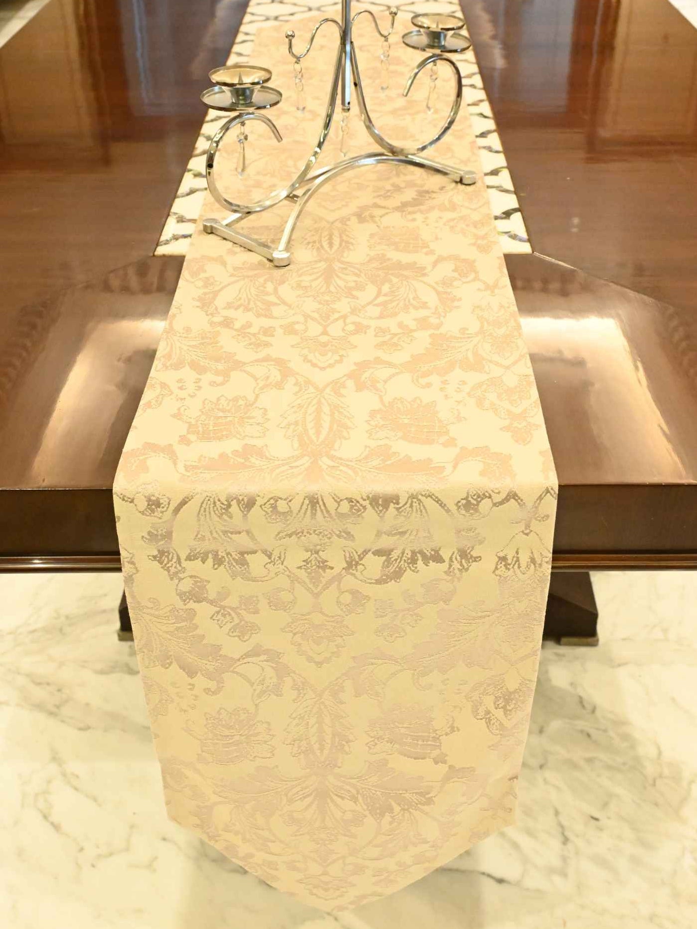 Silver Royal Damask Jacquard Table Runner with Tassel