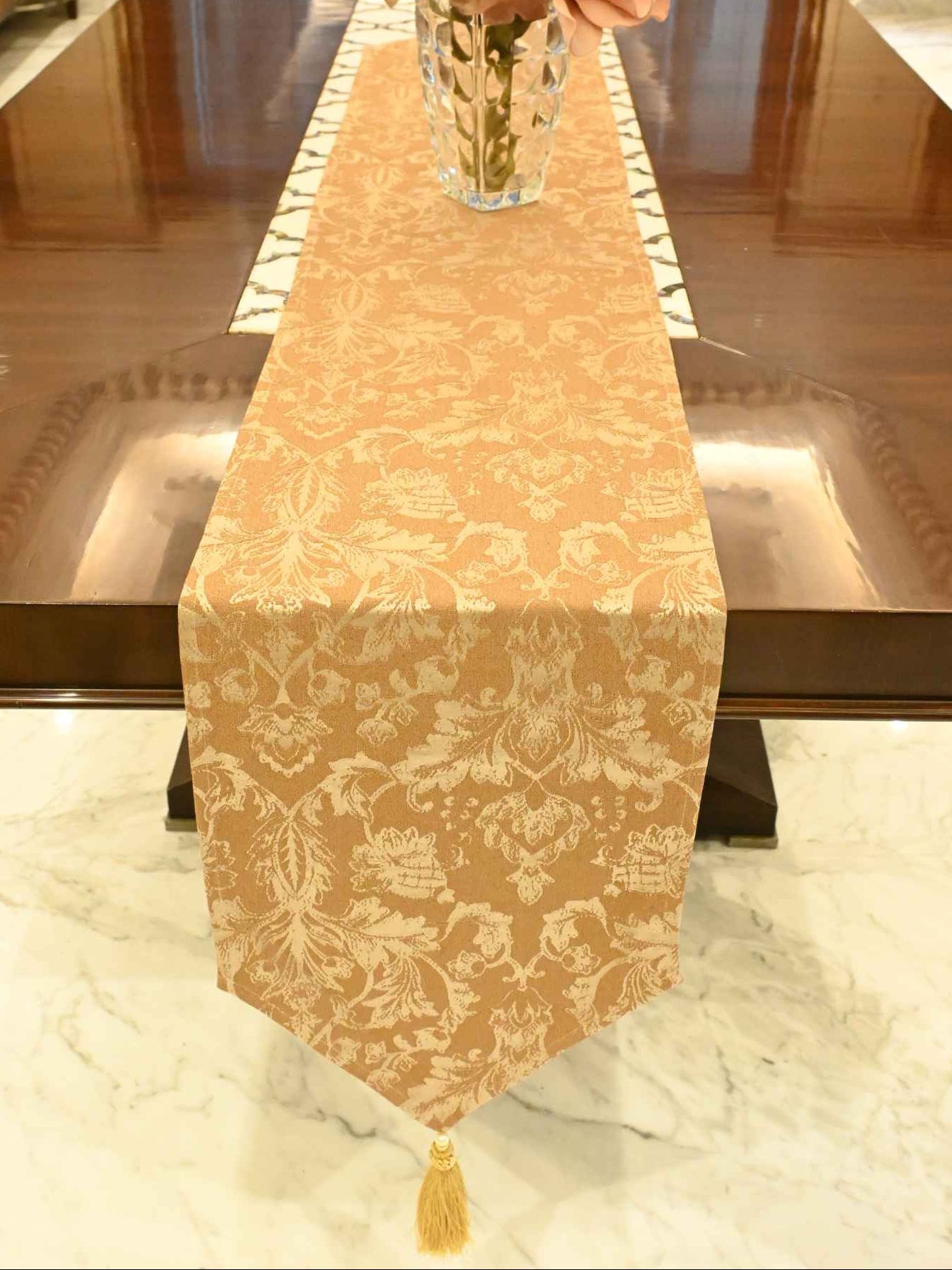 Brown Royal Damask Jacquard Table Runner with Tassel