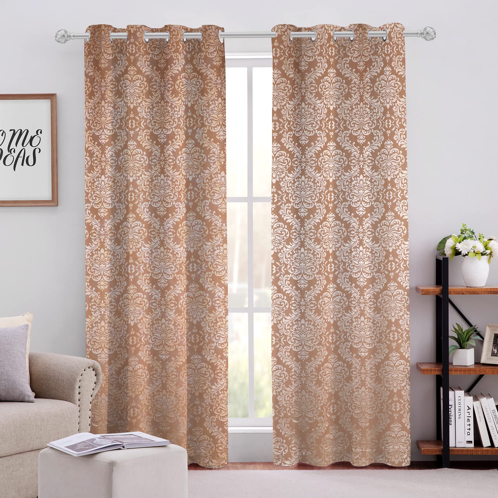 Cotton Heavy Fabric Grommet Self Design Brown Curtain