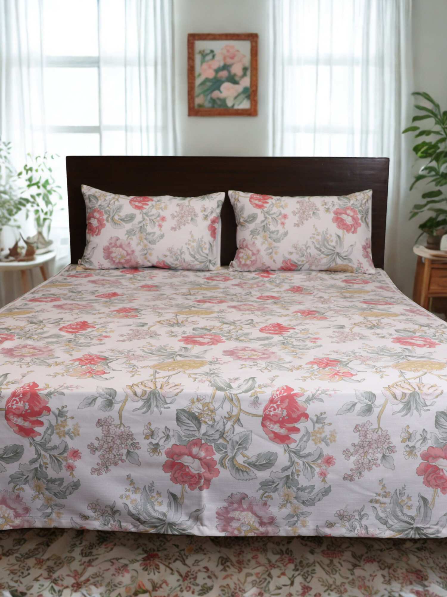Floral Printed Bed Cover for Double Bed with Pillow Covers - 18x27 Inches