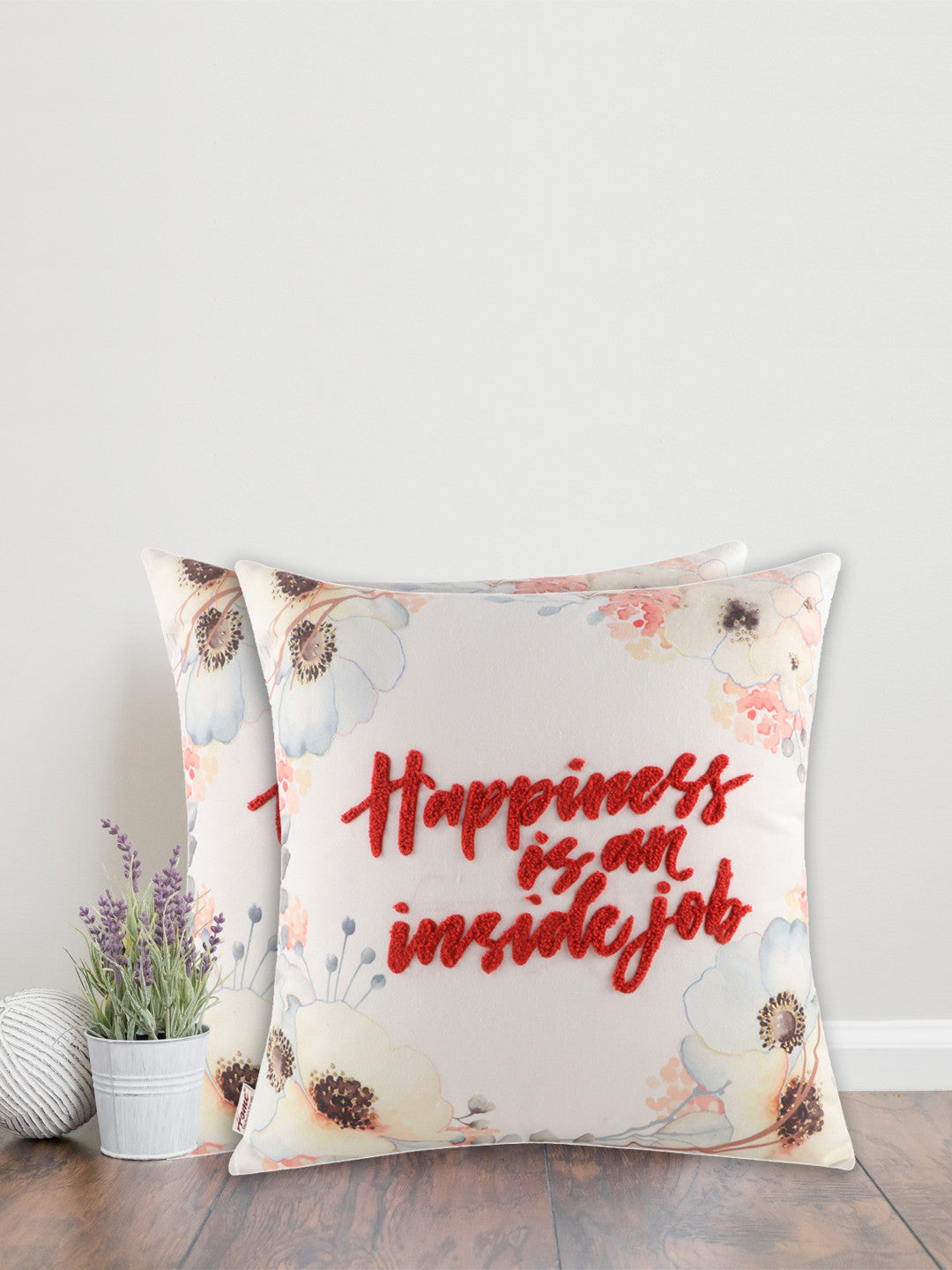 Floral Printed Embroidered Cushion Cover 16 Inch X 16 Inch - Pack of 1