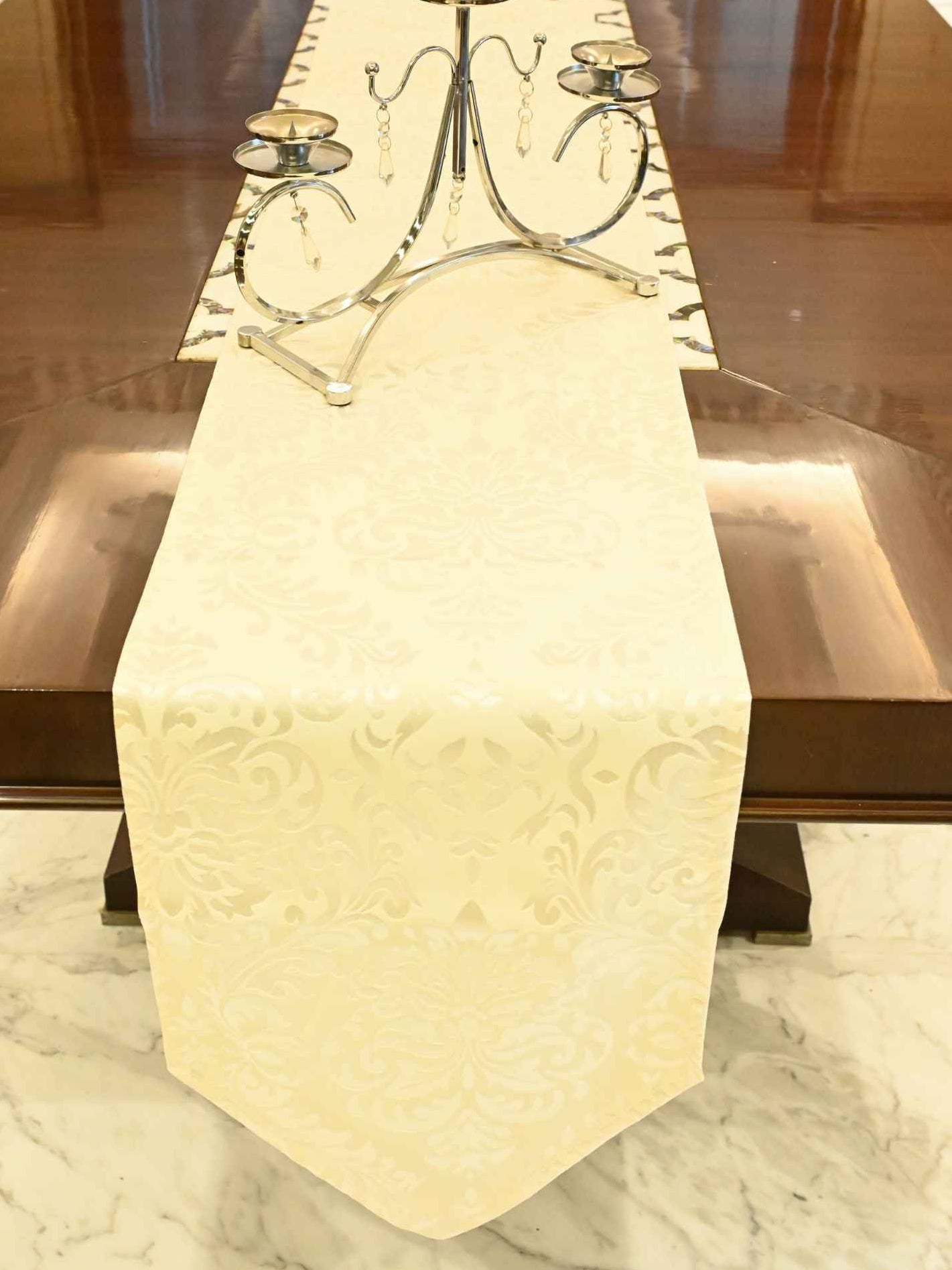 Cream Royal Damask Jacquard Table Runner with Tassel