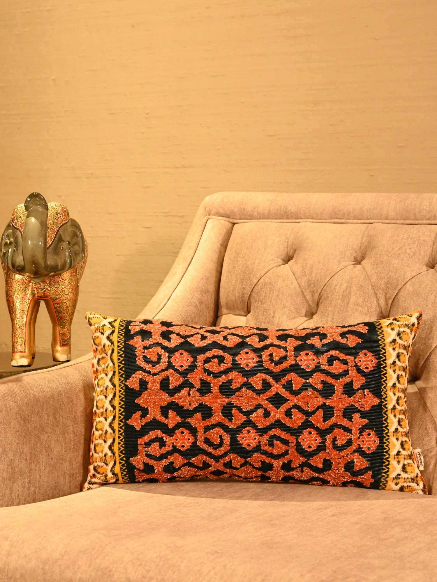 Royal Ember Embroidered Corduroy Velvet Cushion Cover – 12x20 Inch