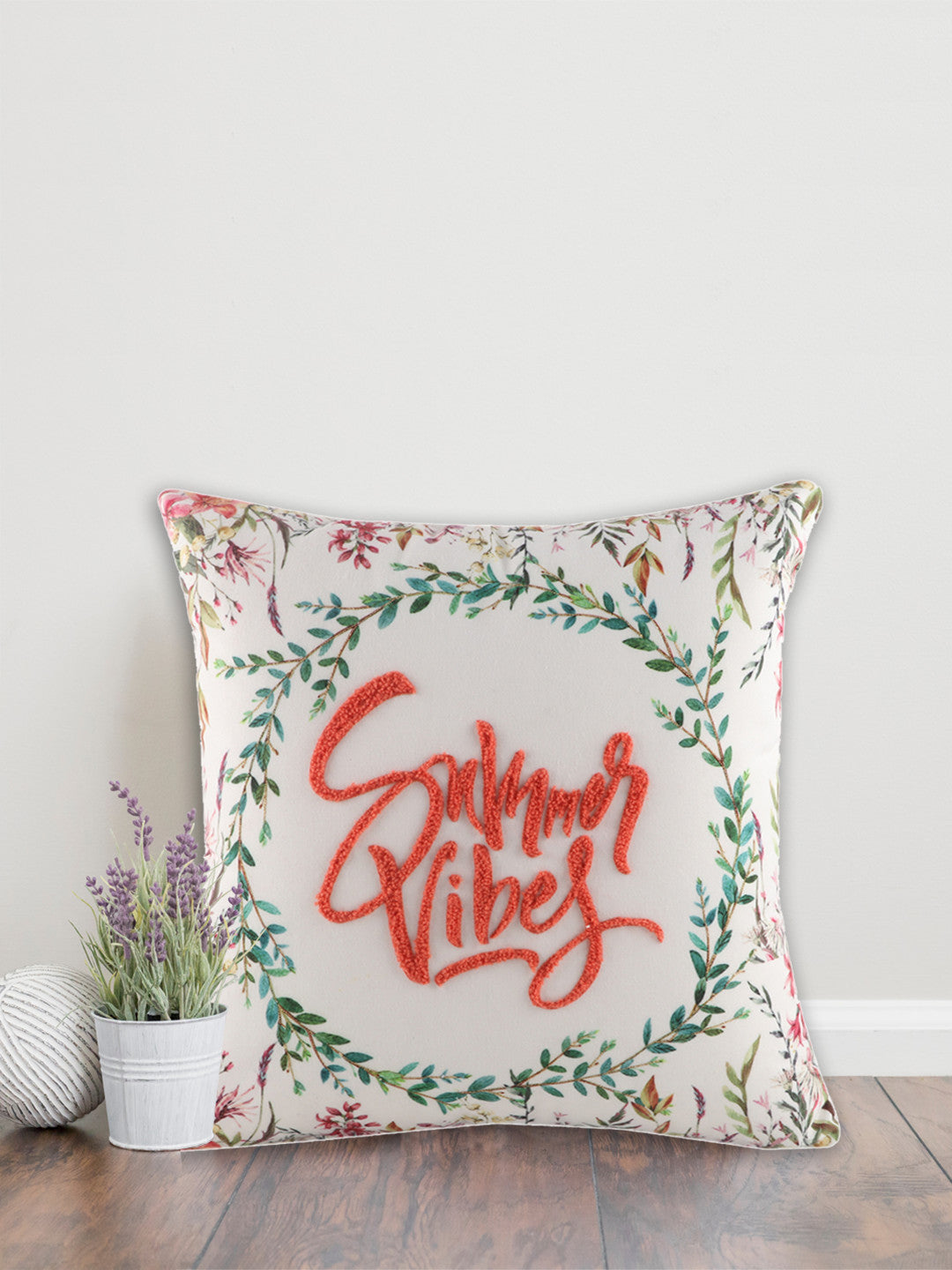 Summer Vibes Floral Printed Embroidered Cushion Cover 16 Inch X 16 Inch - Pack of 1