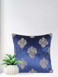 Blue Embroidred Velvet Cushion Cover 16x16 Inch