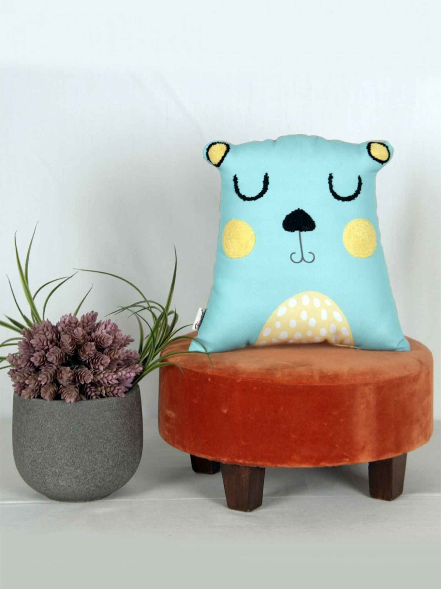 Blue Bear Bliss Embroidered Bear-Shaped Cushion for Snuggly Adventures