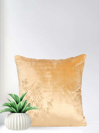 Botanic Elegance 16x16 Inch Floral Embroidered Beige Velvet Cushion Cover