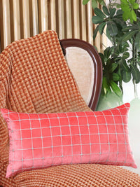 Embellished Check Lumbar Pink Peach Velvet Cushion Cover - Pack of 2