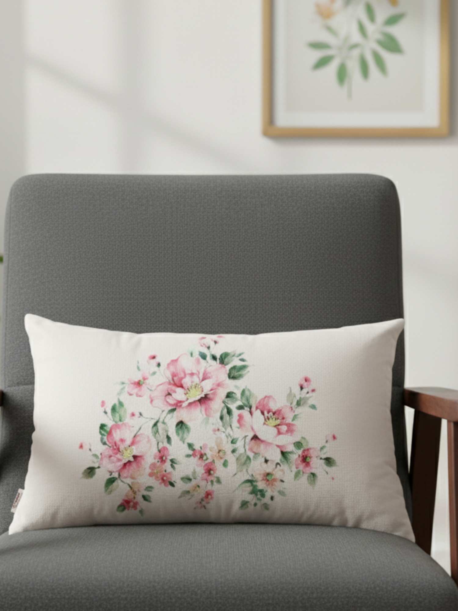 Floral Printed Hand Work French Knots Rectangular Cushion Cover 12x20 Inch