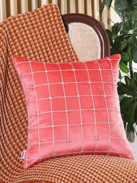 Glam Check Pink Peach Velvet Cushion Cover - Pack of 2