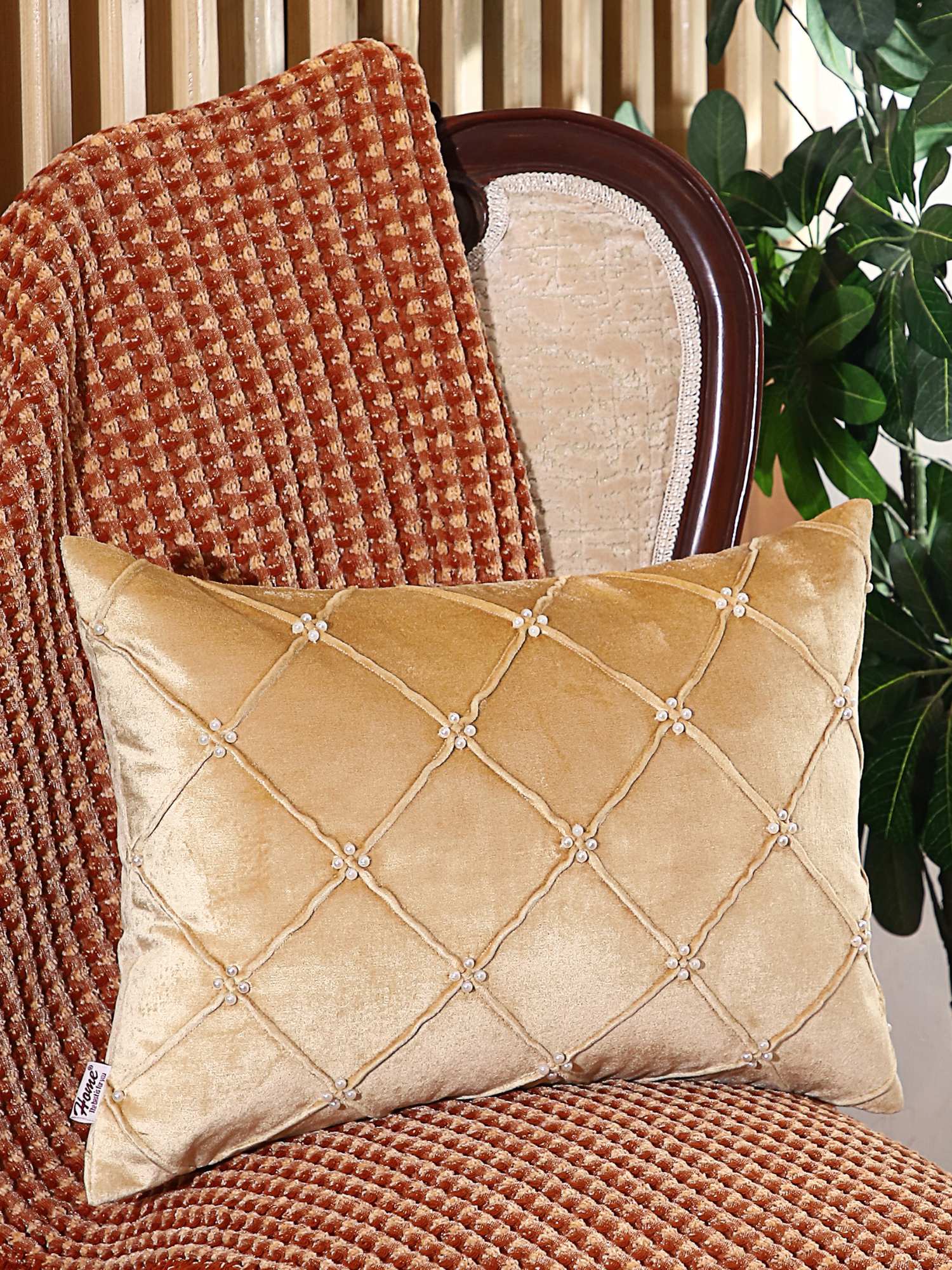 Gold Radiance Embossed Diamond Lumbar 14x20 Inch Velvet Viscose Cushion Cover - Pack of 2