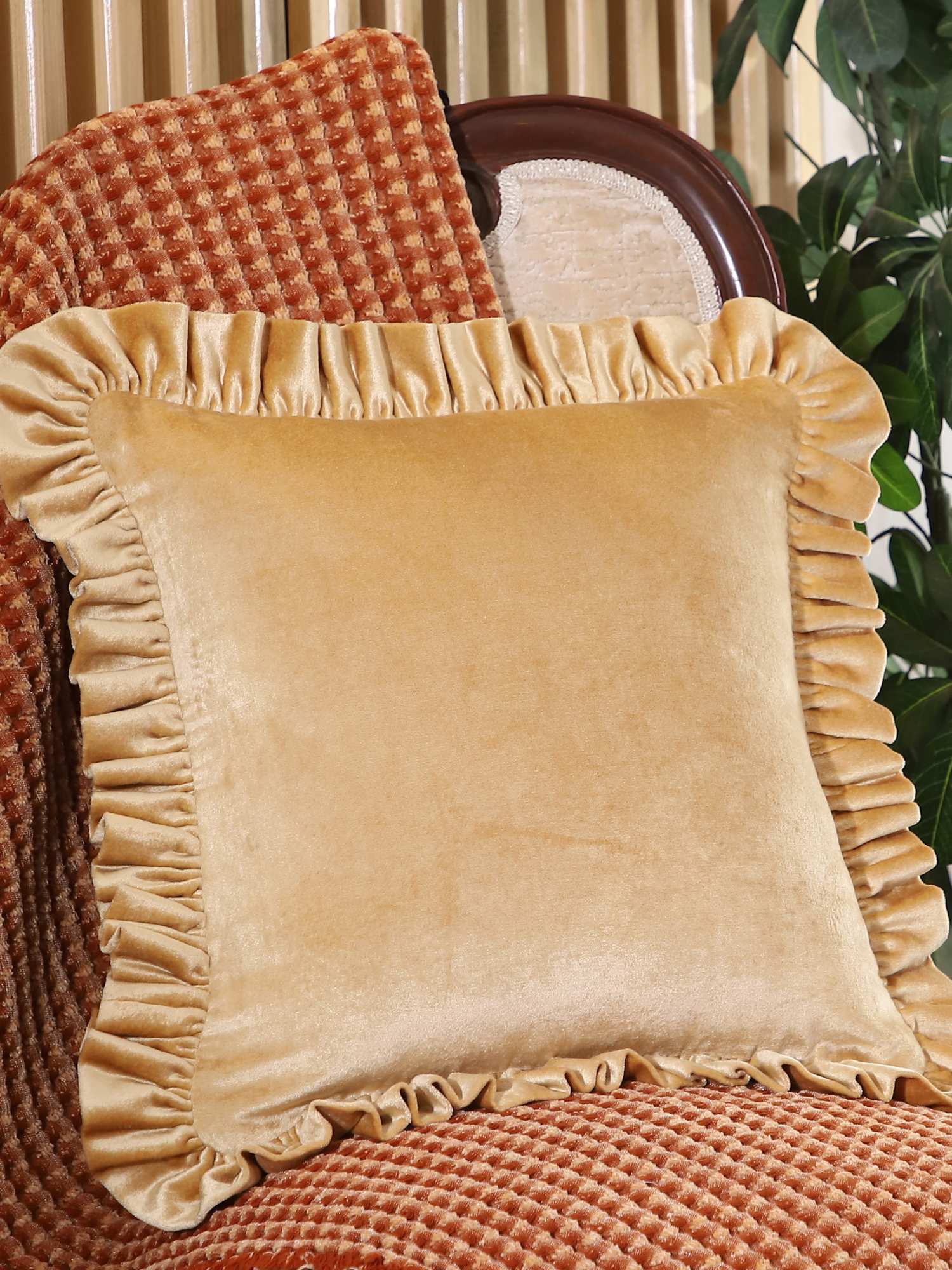 Gold Radiance Solid Velvet 16x16 Frilled Viscose Velvet Cushion Cover - Pack of 2
