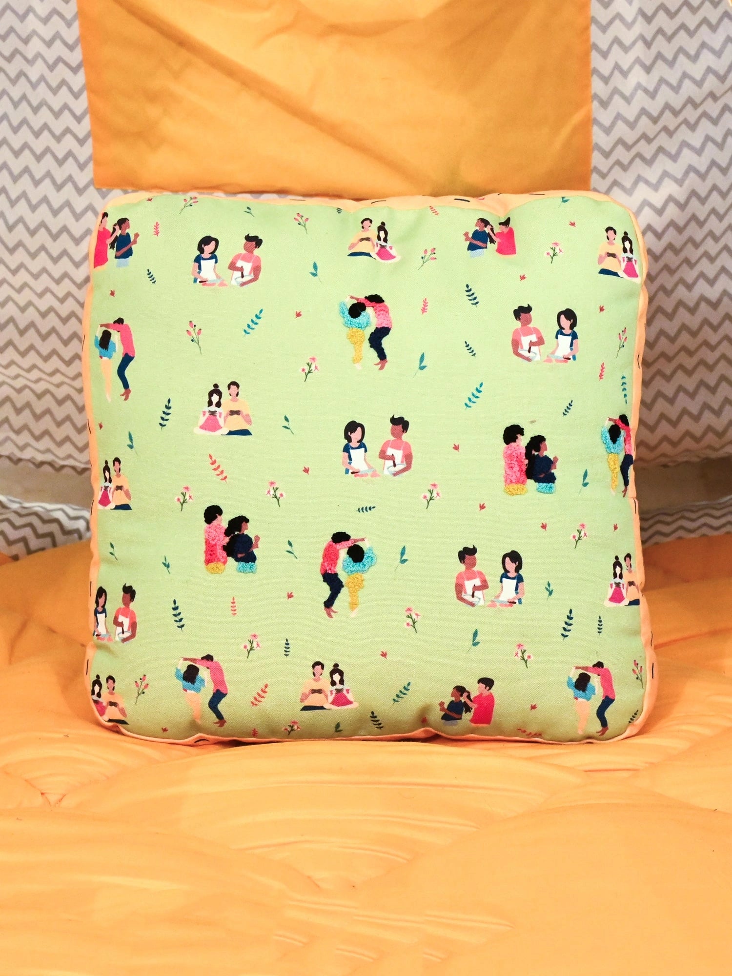 Green Square Printed Shape Cushion for Kids