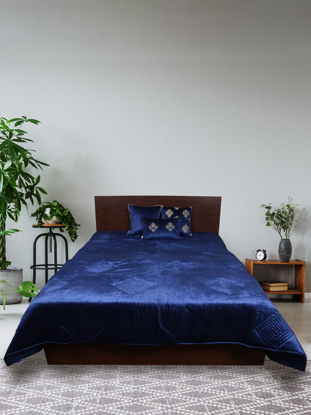 Blue Velvet Embroidered Quilt - Geometric Pattern
