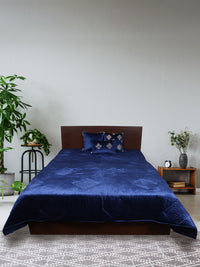 Blue Velvet Embroidered Quilt - Geometric Pattern