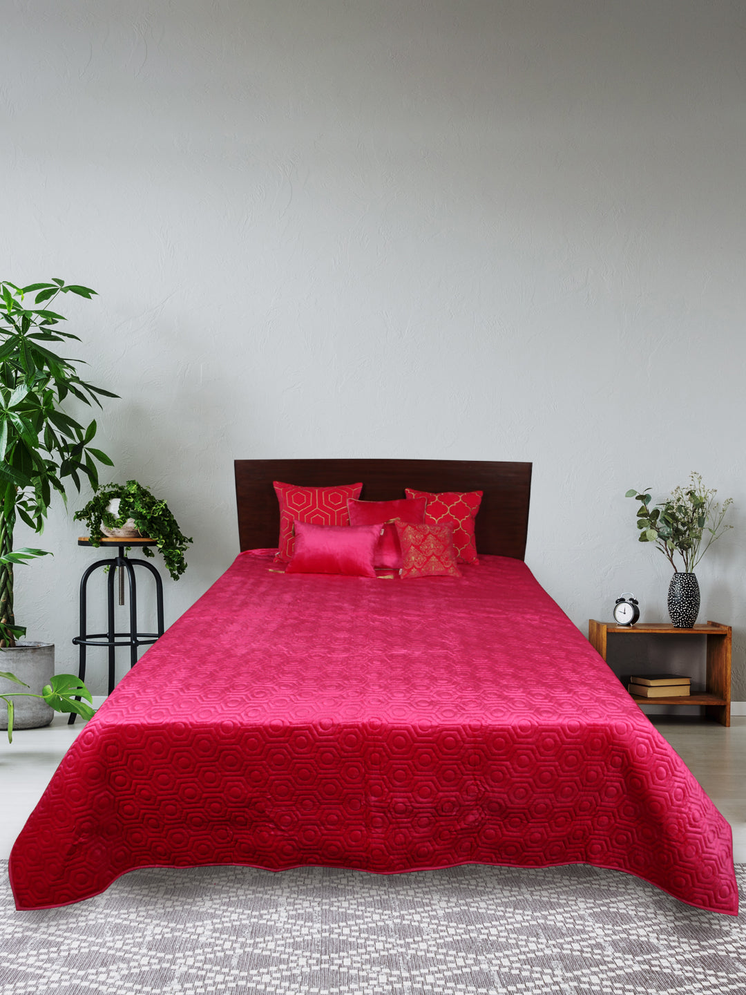 Fuchsia Pink Embroidered Quilt - Hexagonal Design