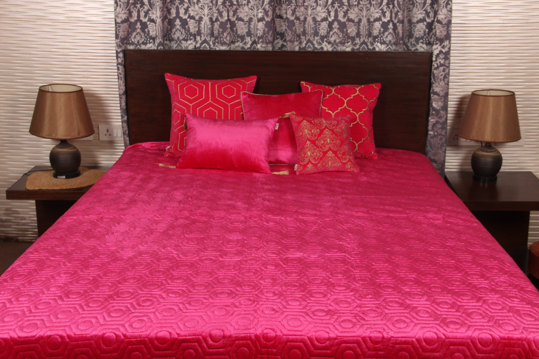 Fuchsia Pink Embroidered Quilt - Hexagonal Design