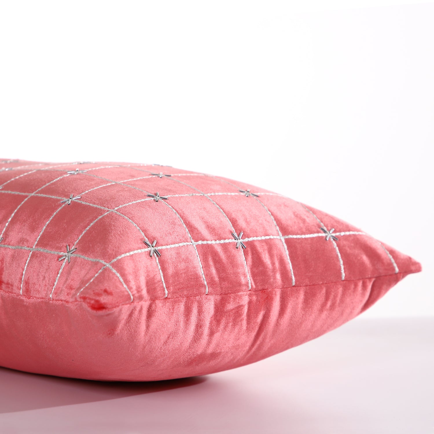 Embellished Check Lumbar Pink Peach Velvet Cushion Cover - Pack of 2