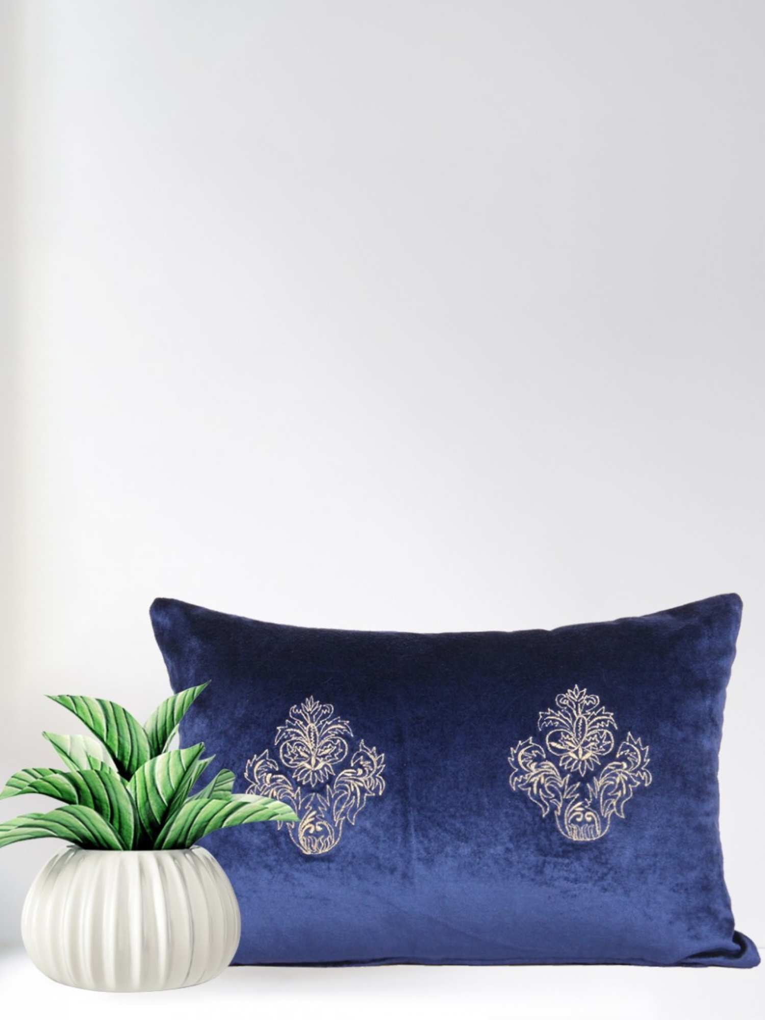 Oceanic Tapestry 12x18 Inch Embroidered Blue Velvet Cushion Cover