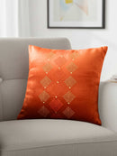 Orchard Mirage: 18x18 Inch Orange Embroidered Velvet Cushion Cover