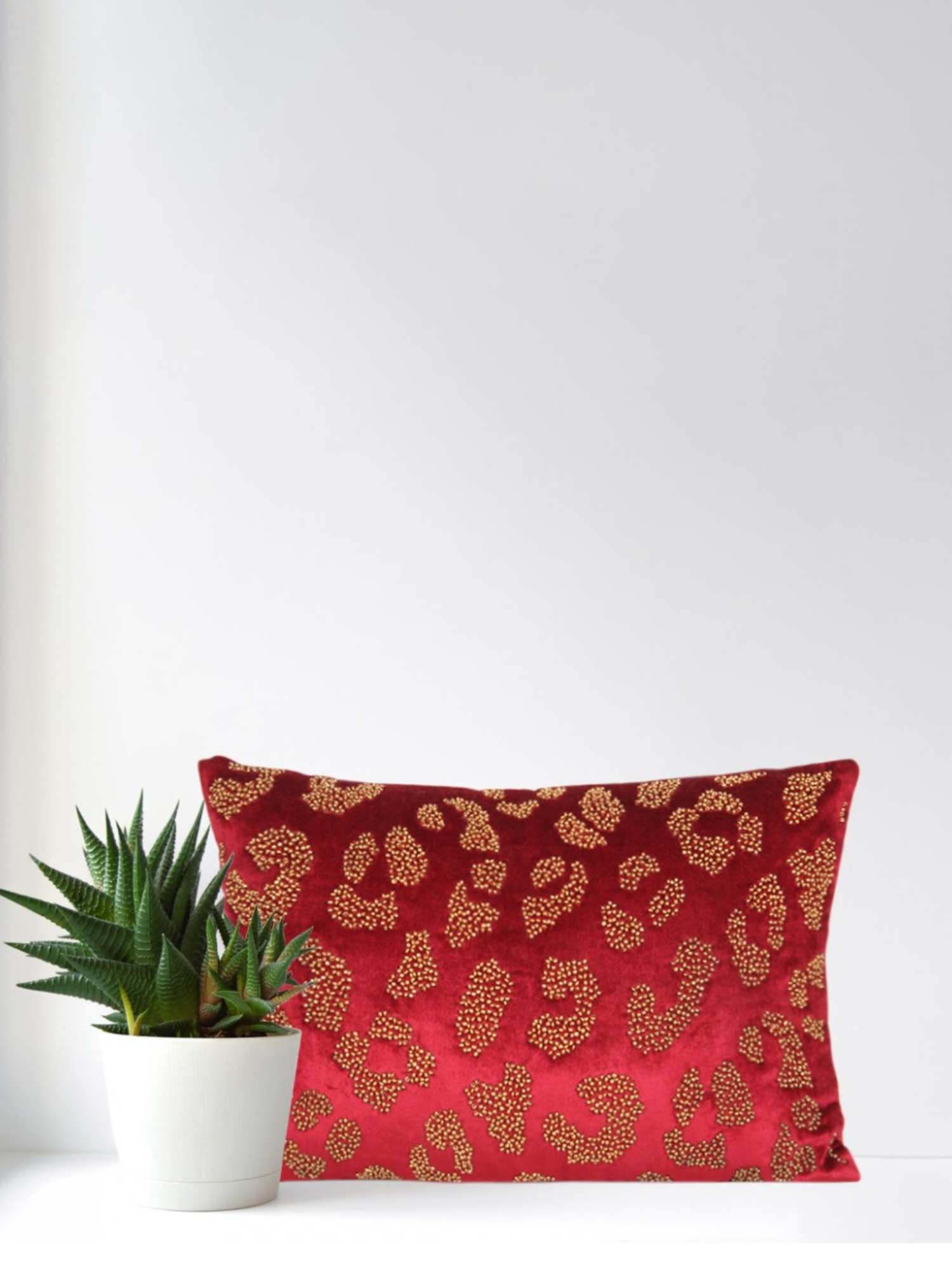 Red Enchantment 12x18 Inch Velvet Embroidered Cushion Cover