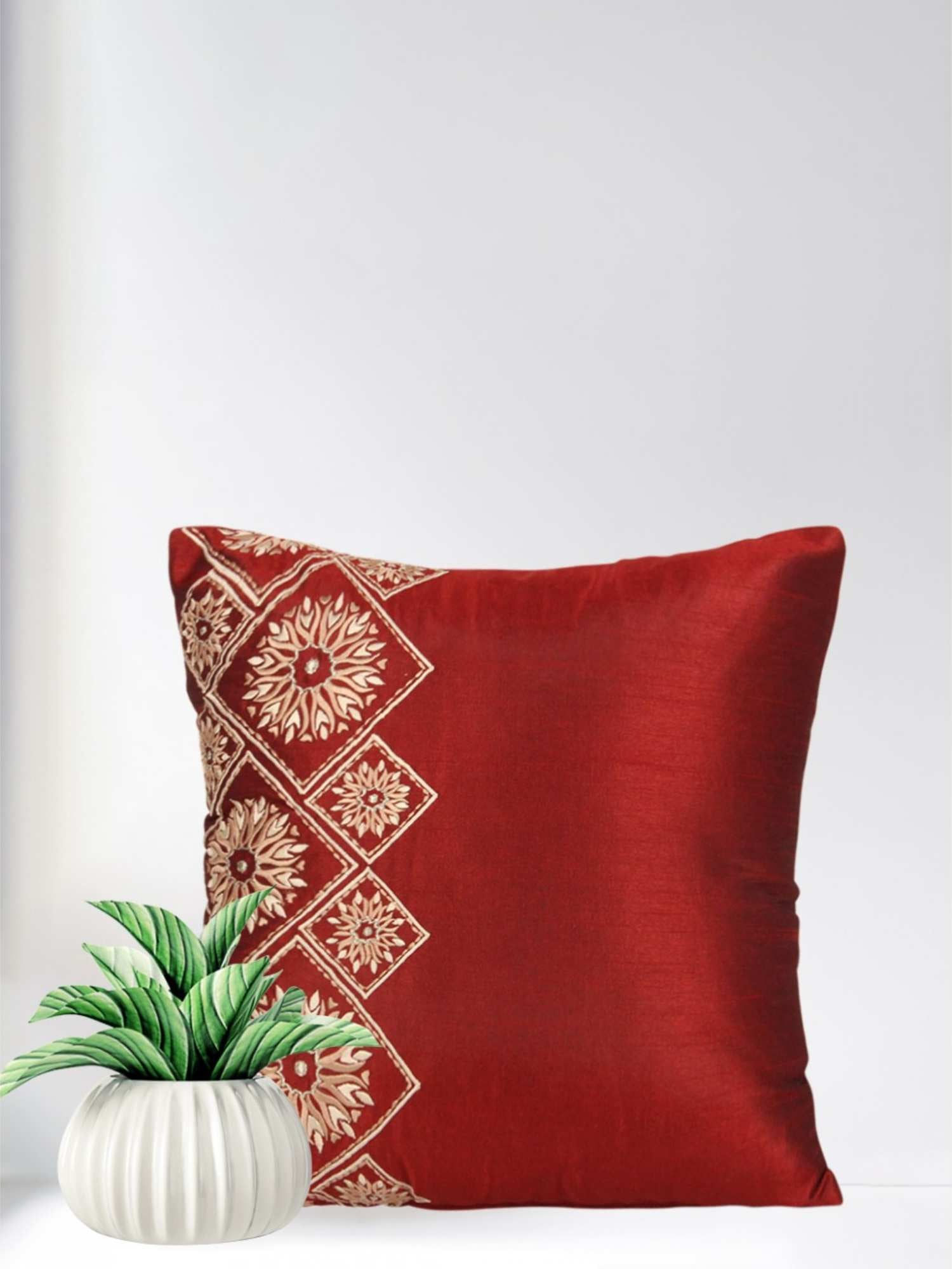 Regal Maroon Elegance 16x16 Inch Embroidered Cushion Cover