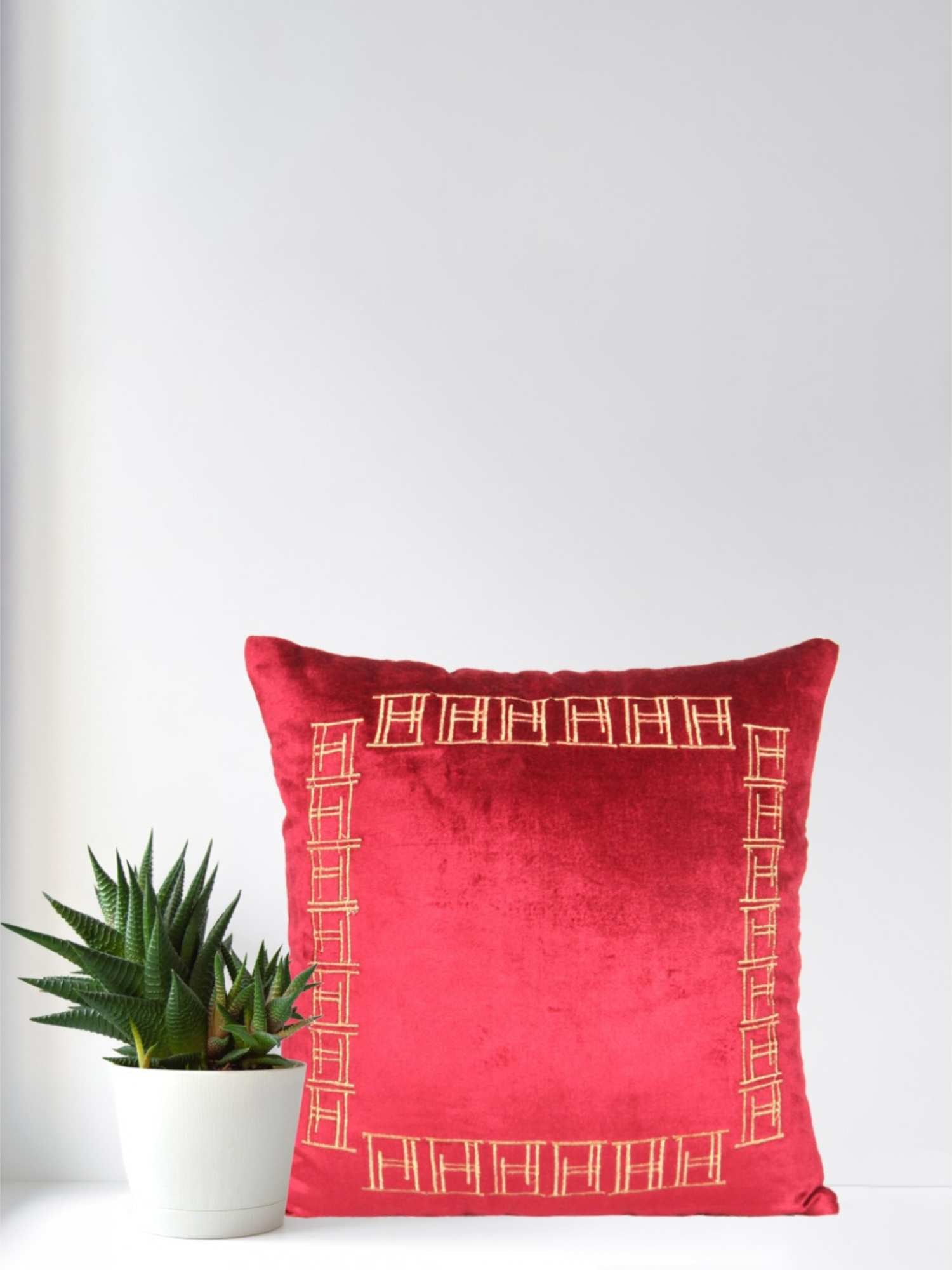 Ruby Red Velvet 16x16 Inch Embroidered Cushion Cover