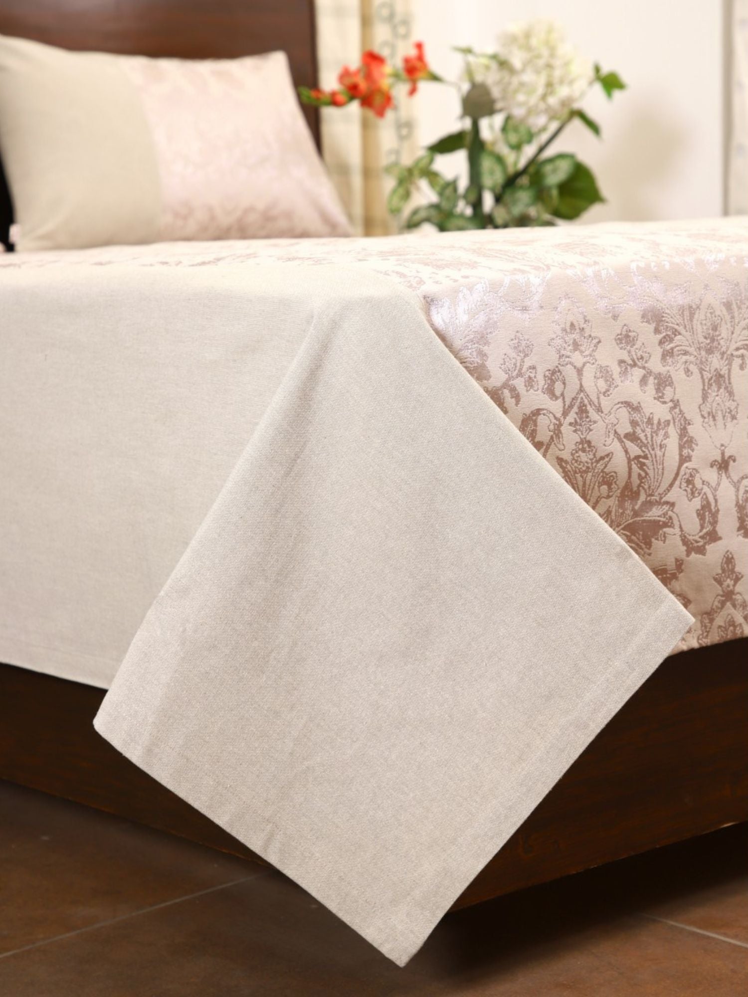 Silver Fiore Jacquard Double Bed Cover Set with Matching Pillow Covers
