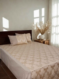 Beige Ogee Jacquard Bed Cover Set with 2 Pillow Covers