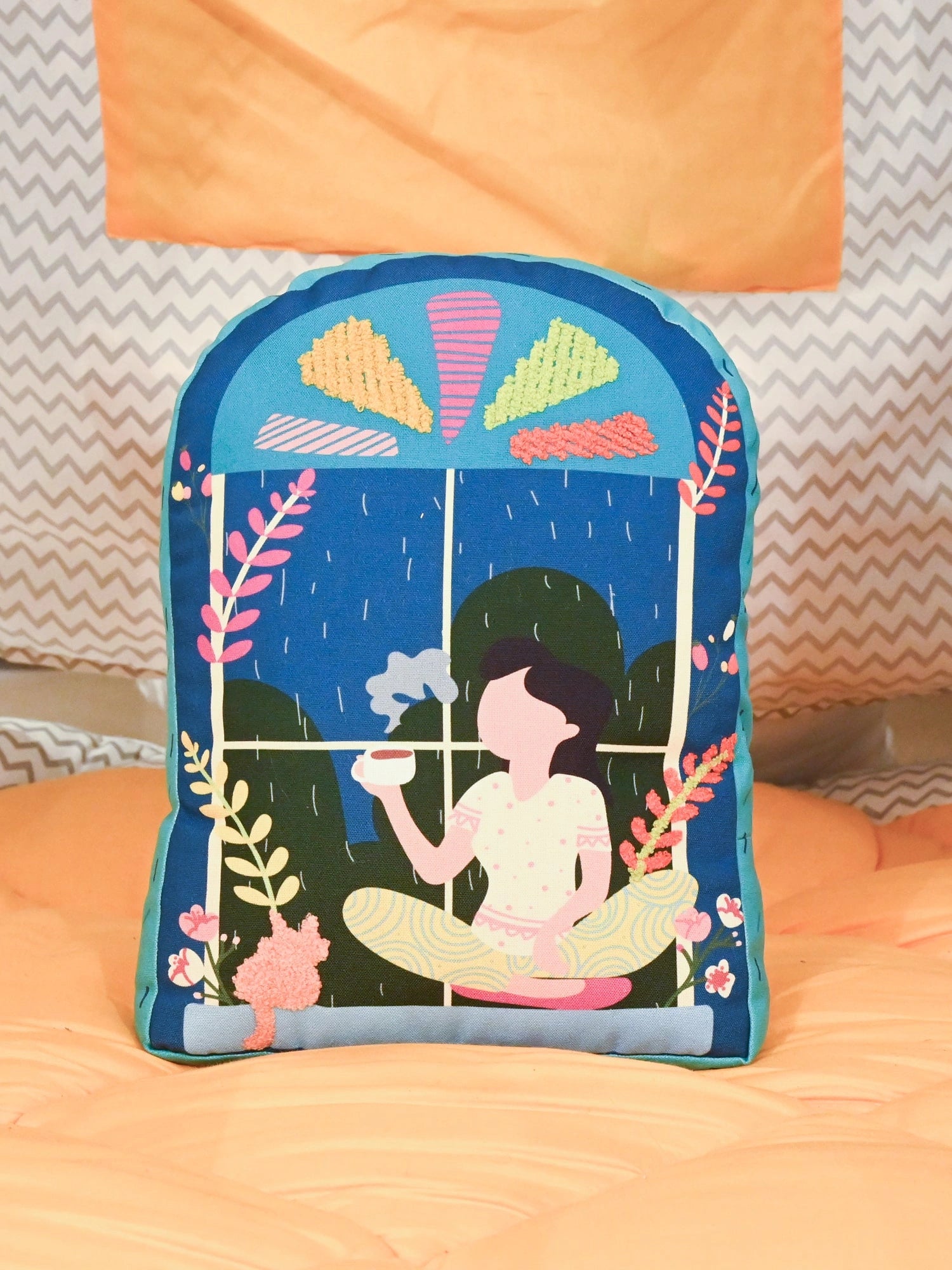 Blue Window Printed Shape Cushion for Kids