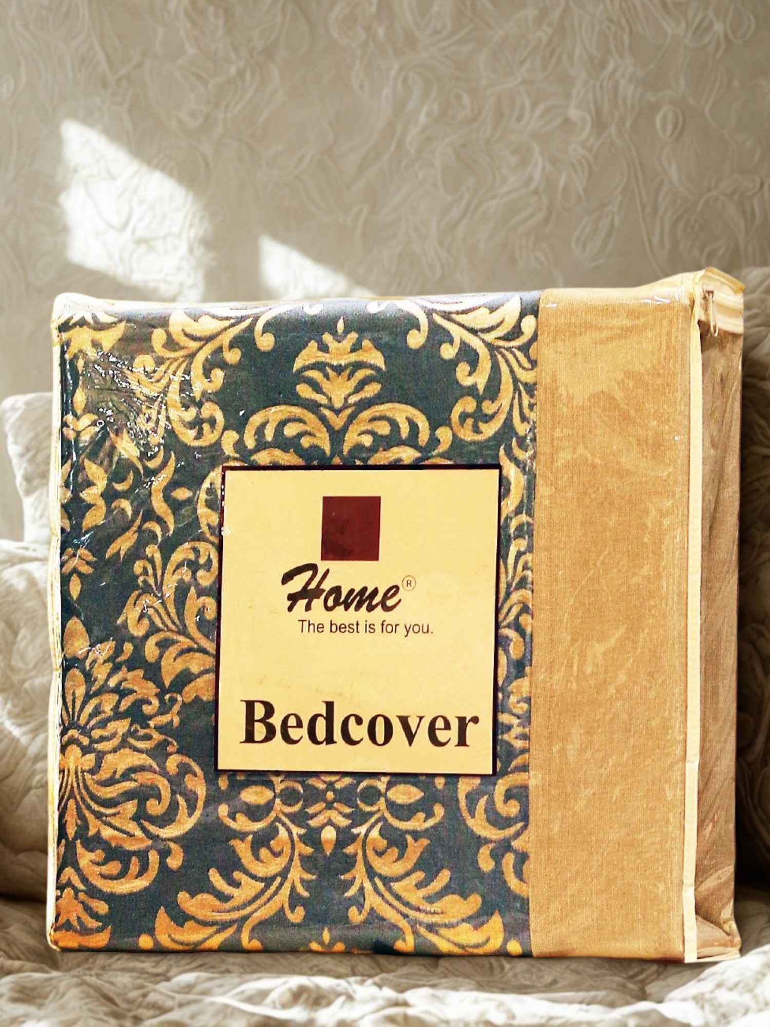 Blue Self Design Damask Bedcover With 2 Pillow Covers