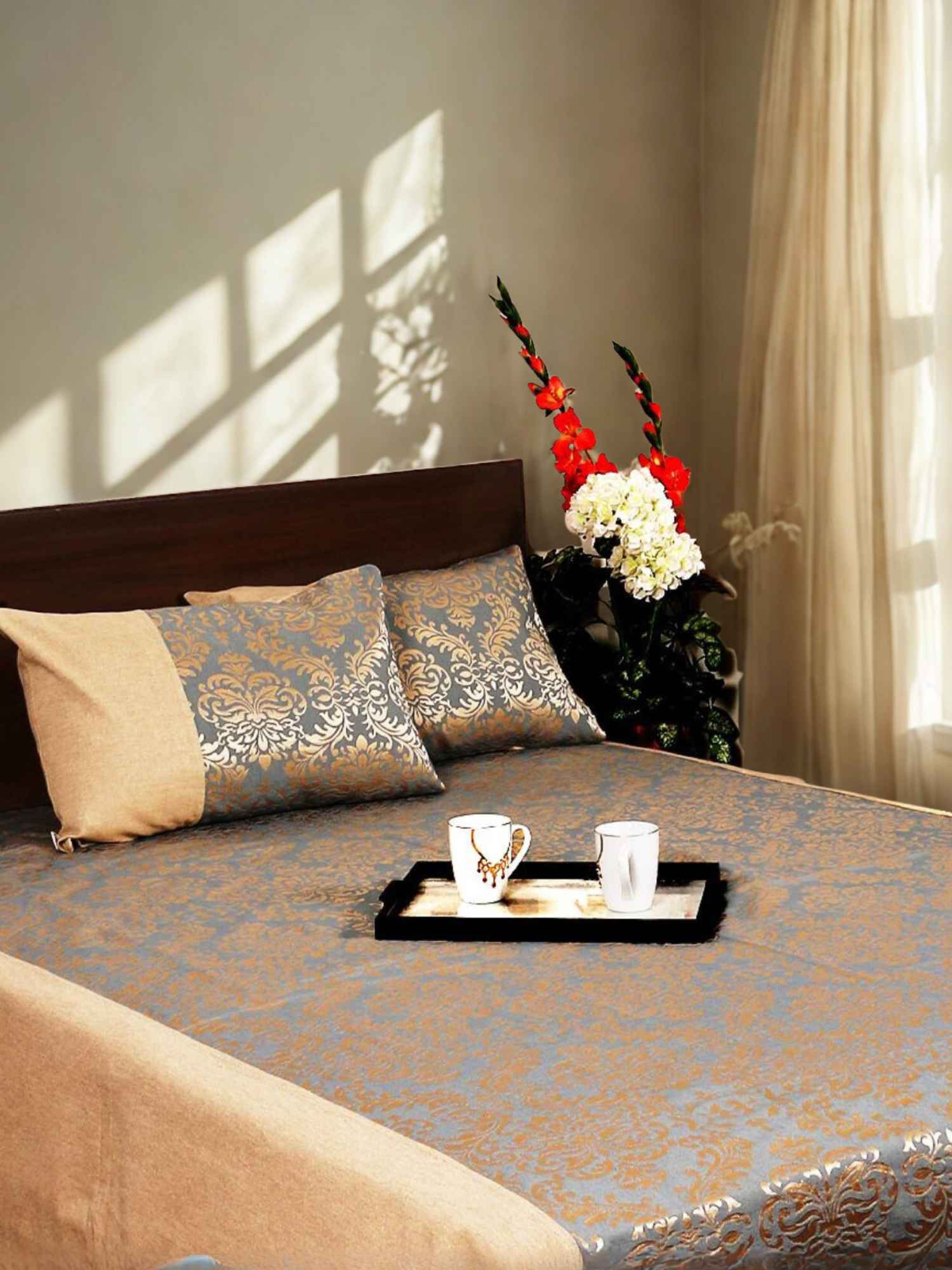 Blue Self Design Damask Bedcover With 2 Pillow Covers