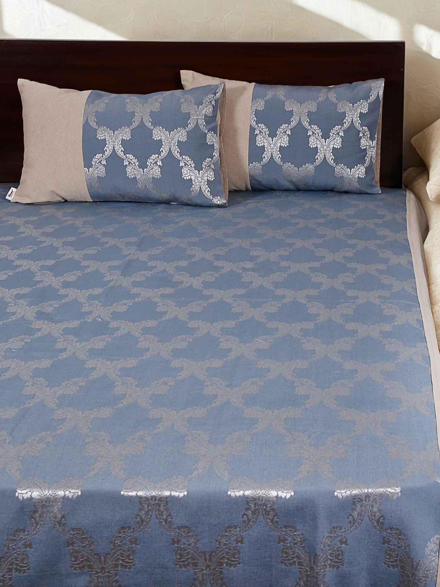 Blue Ogee Jacquard Bed Cover Set with 2 Pillow Covers