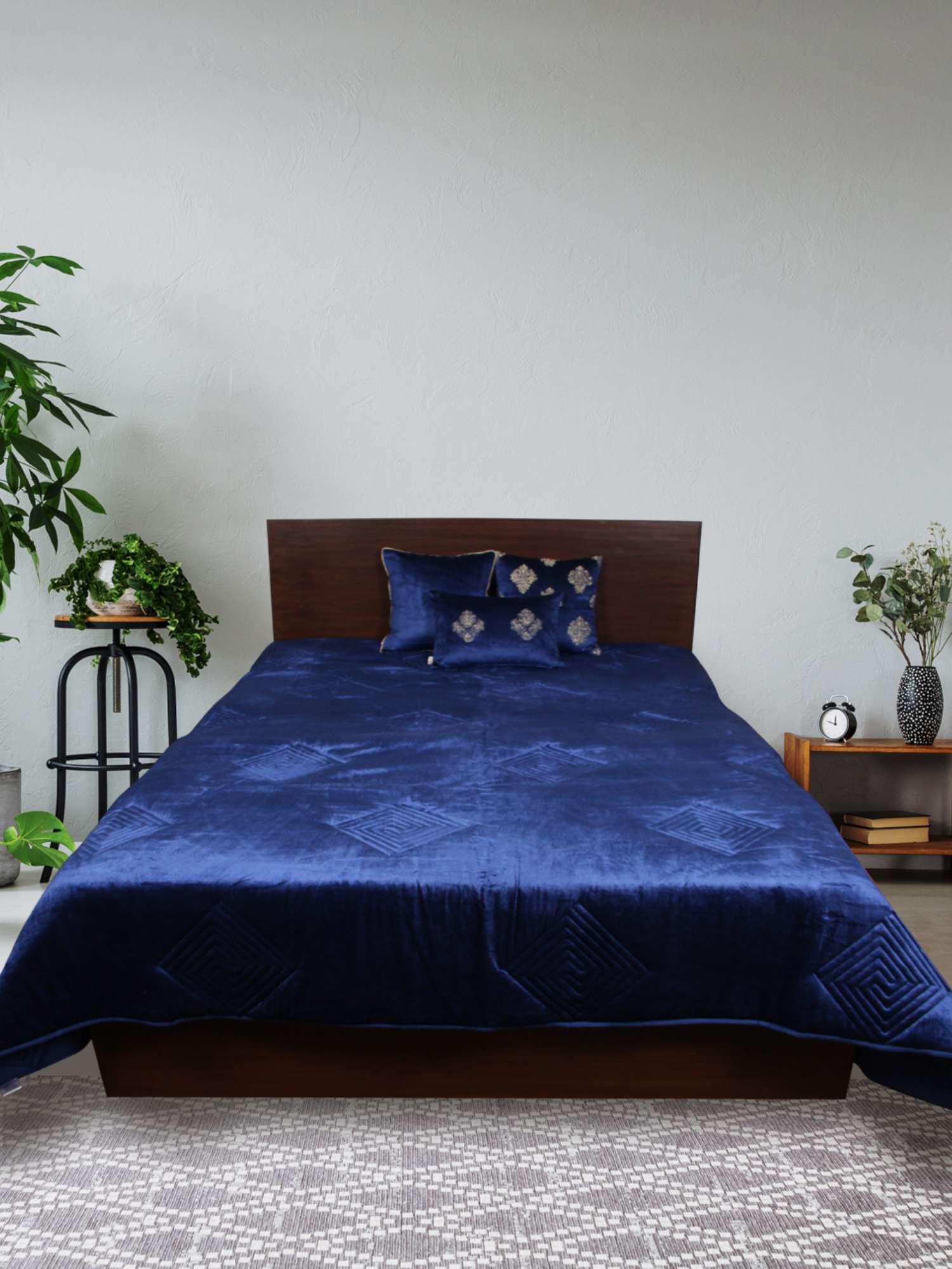 Blue Velvet Embroidered Quilt - Geometric Pattern