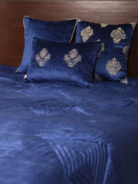 Blue Velvet Embroidered Quilt - Geometric Pattern