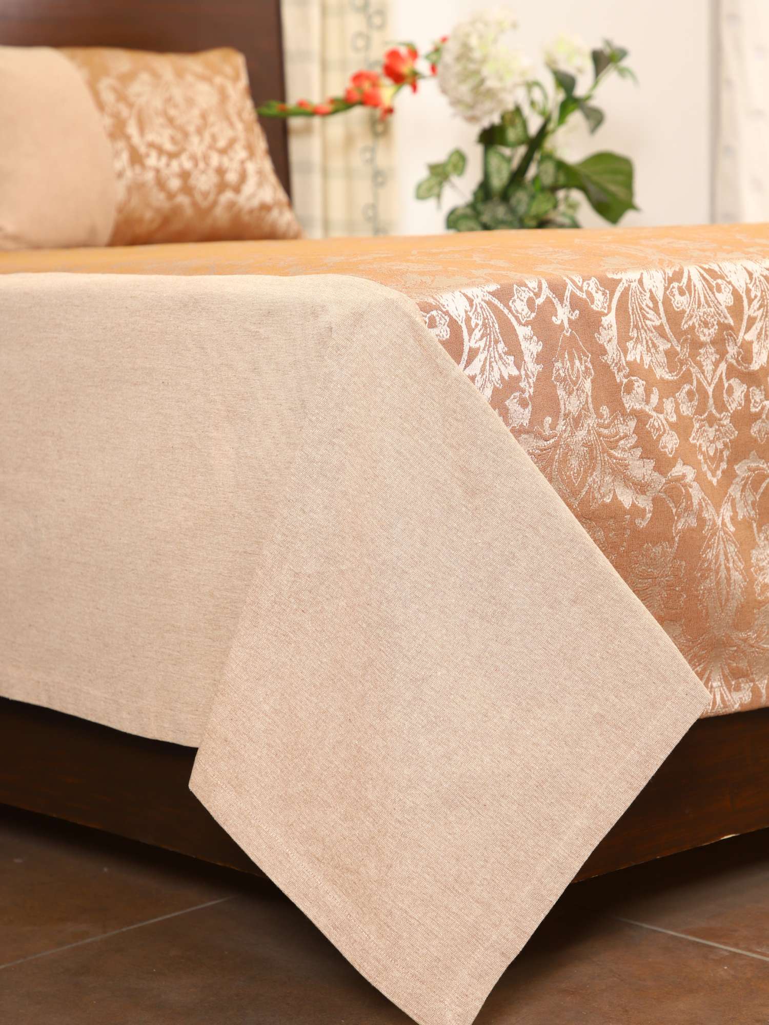 Brown Fiore Jacquard Double Bed Cover Set with Matching Pillow Covers
