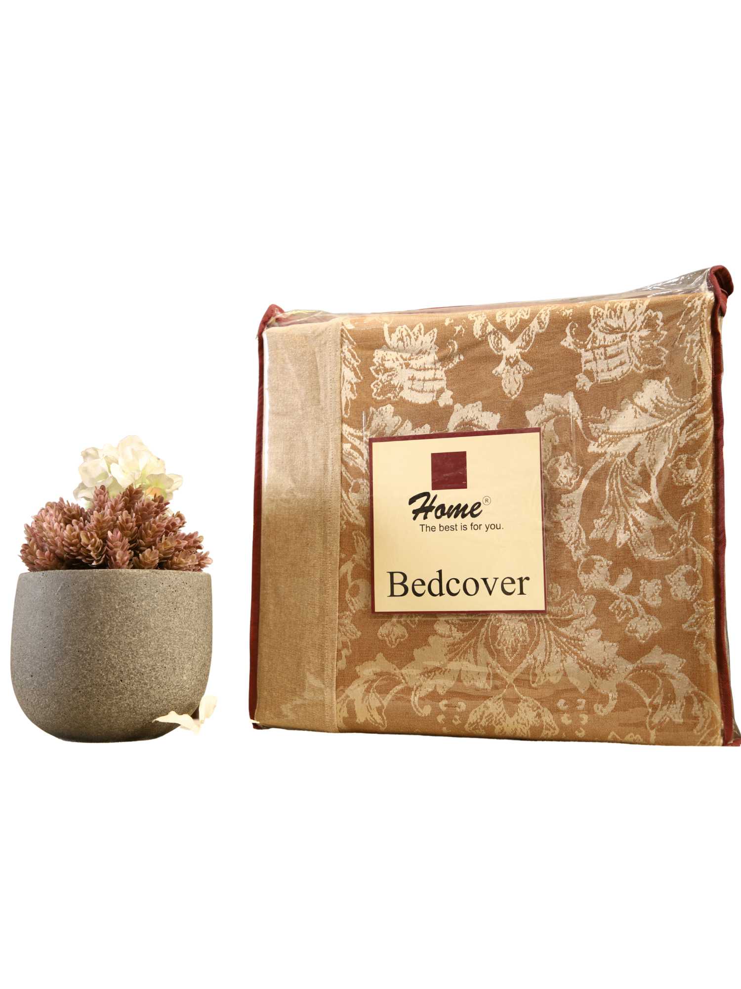 Brown Fiore Jacquard Double Bed Cover Set with Matching Pillow Covers